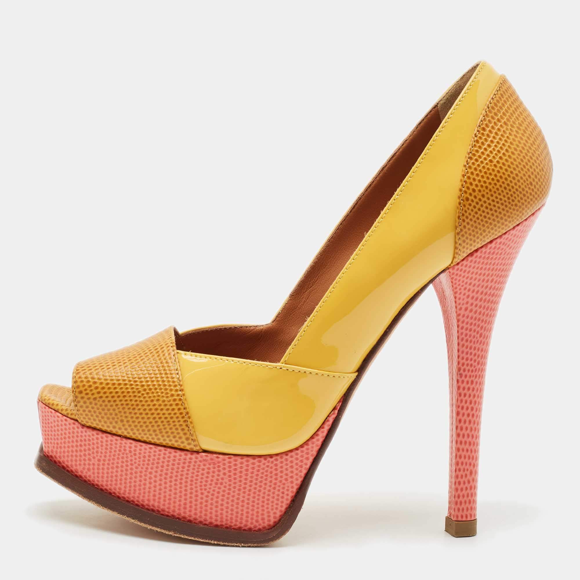 Fendi Yellow/Pink Patent and Lizard Embossed Leather Fendista Peep Toe Platform Pumps Size 37.5
