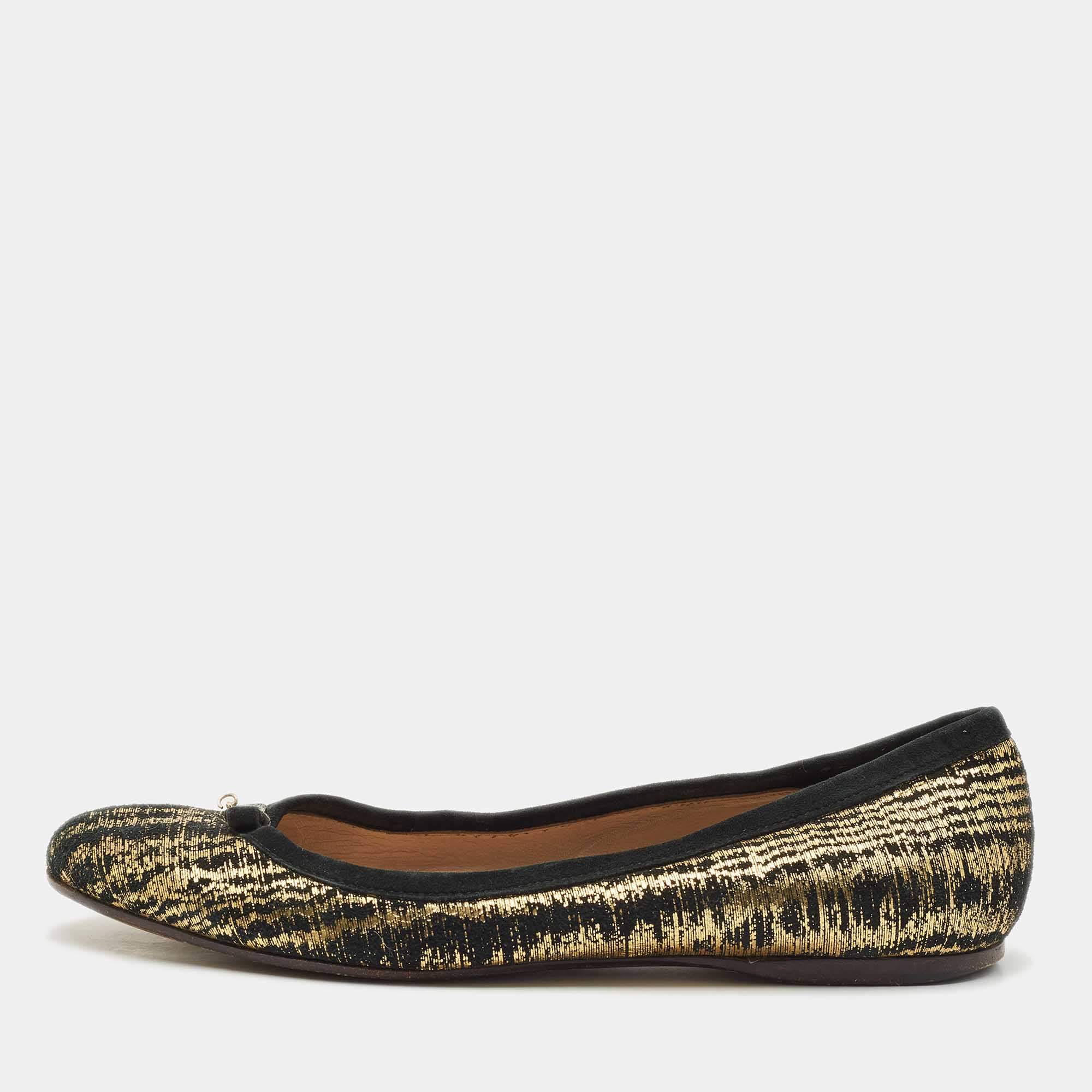 Fendi Gold/Black Textured Suede FF Charm Ballet Flats Size 39