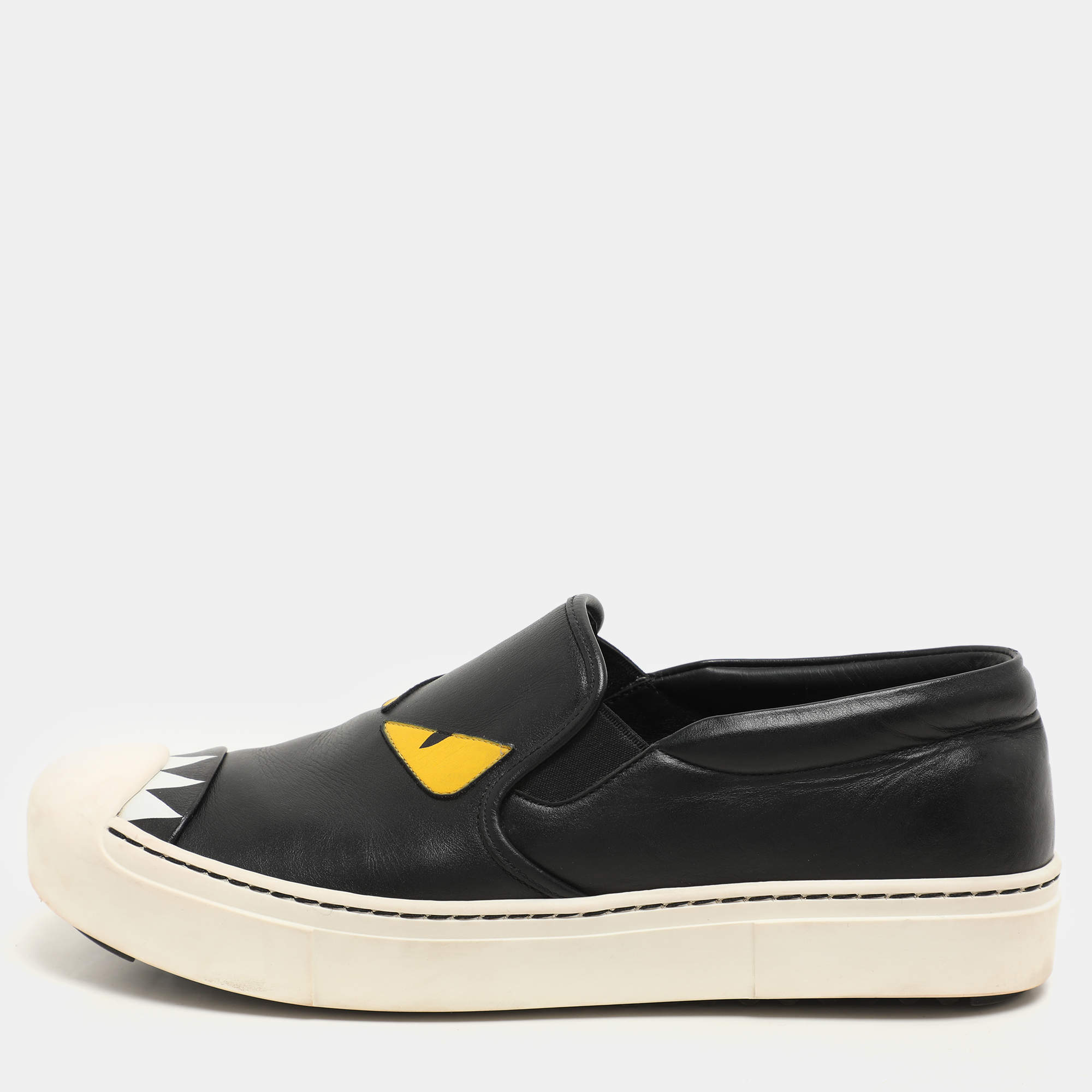 Fendi Black Leather Monster Slip On Sneakers Size 38.5