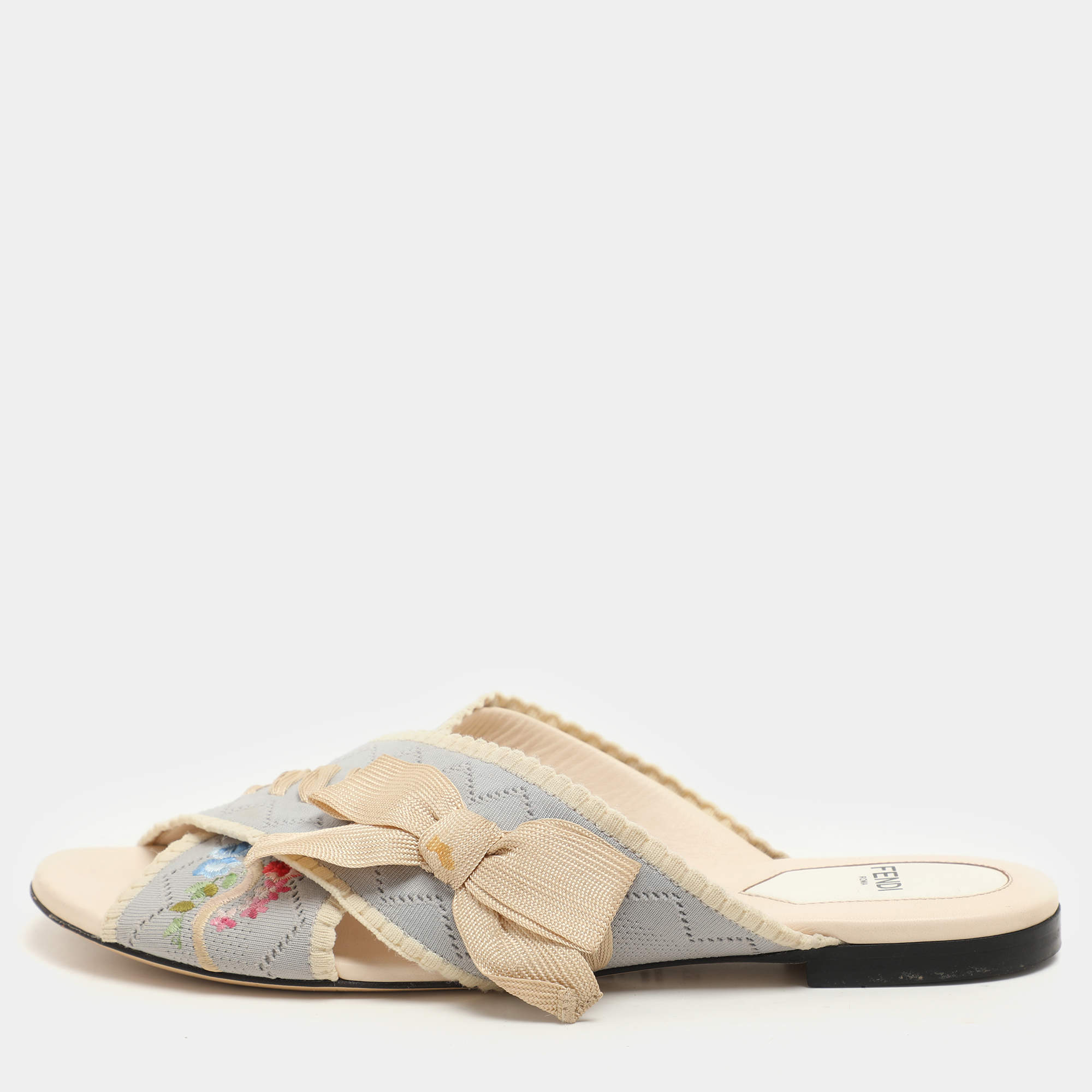 Fendi Multicolor Knit Fabric Criss Cross Bow Flat Slides Size 39