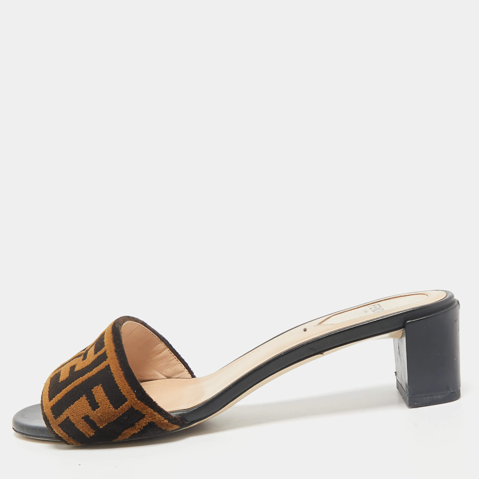 Fendi Brown Zucca Velvet Slide Sandals Size 38.5