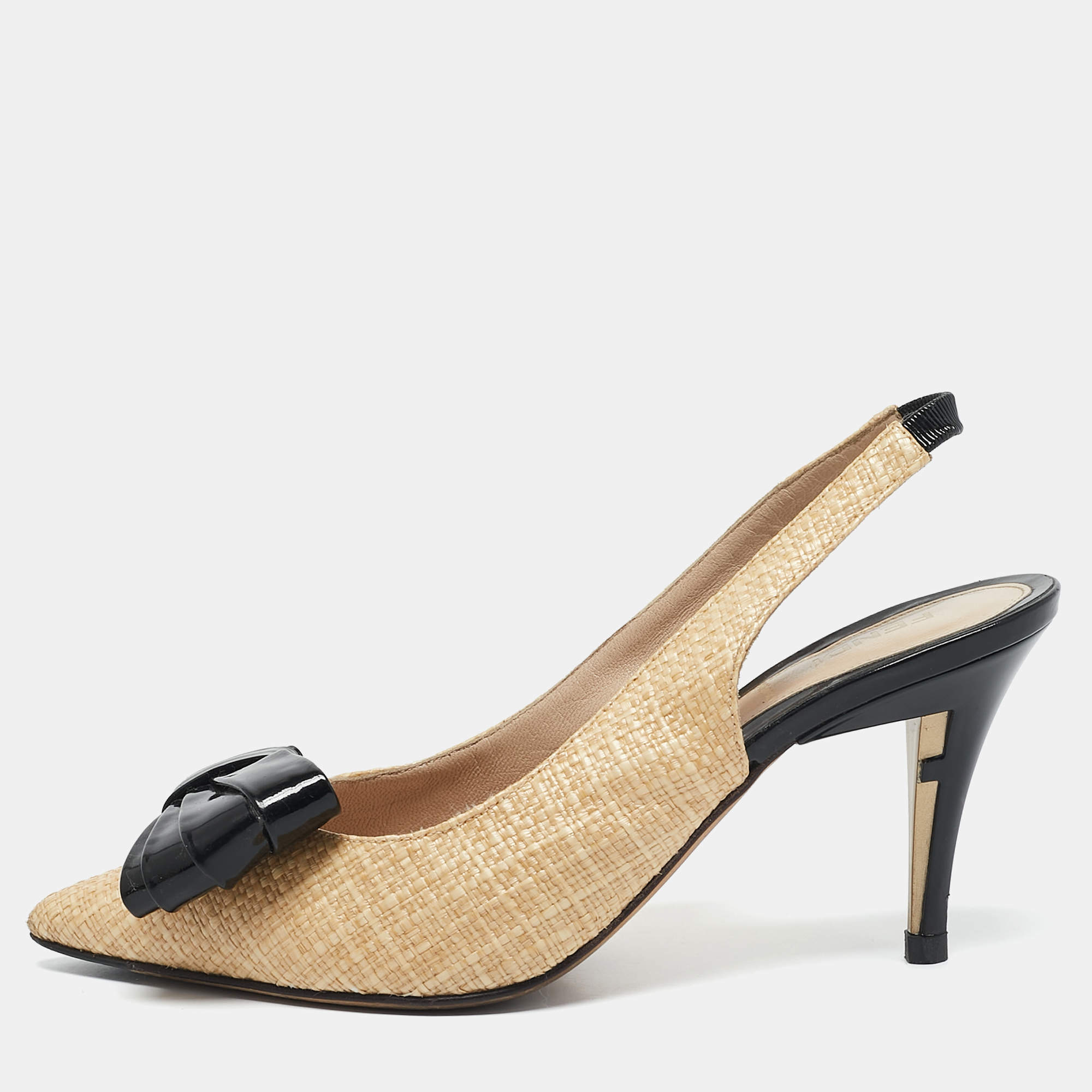 Pre Owned Fendi Beige/Black Woven Raffia and Patent Leather Bow Slingback Pumps Size 36.5