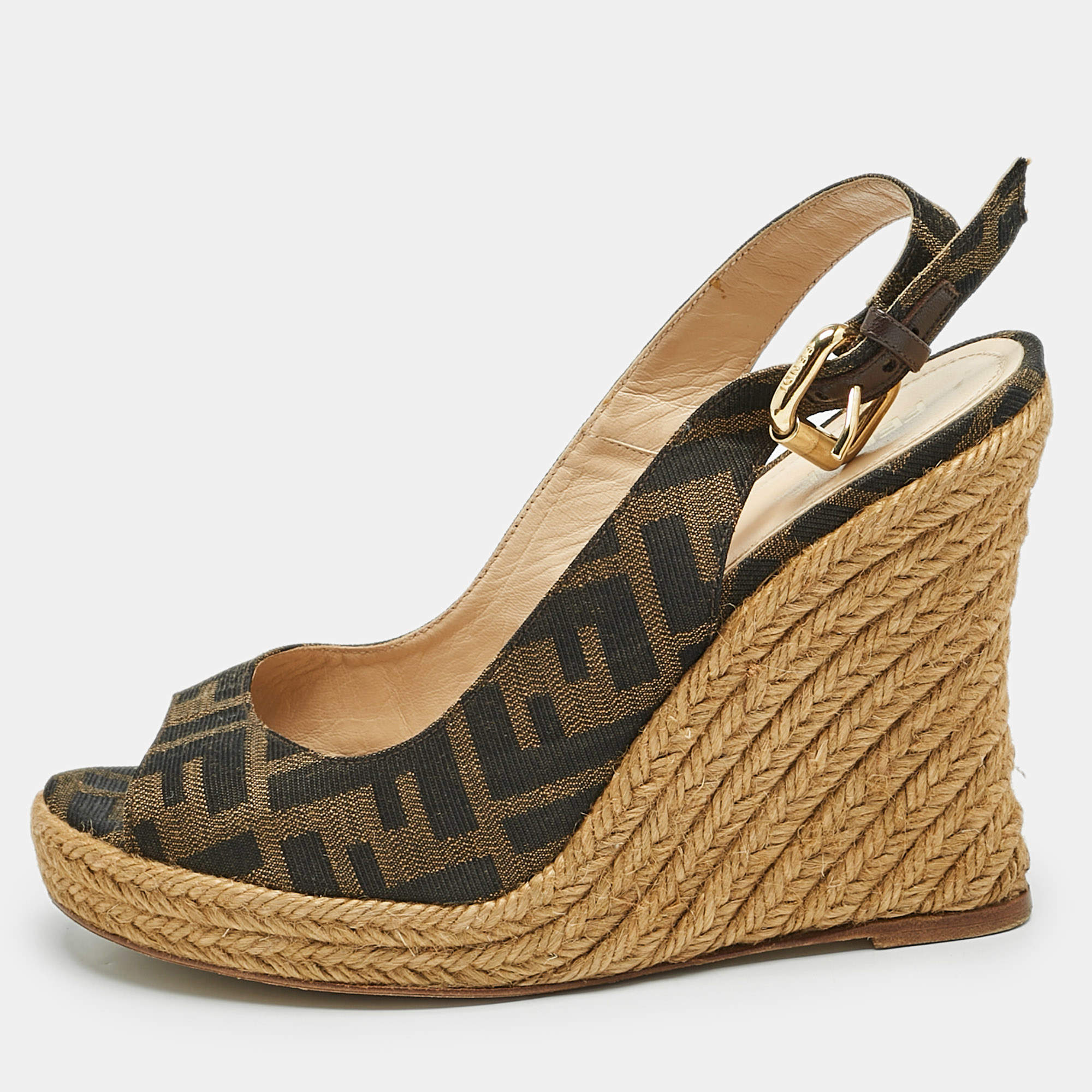 Fendi Brown Zucca Canvas Espadrille Wedge Platform Slingback Sandals Size 38