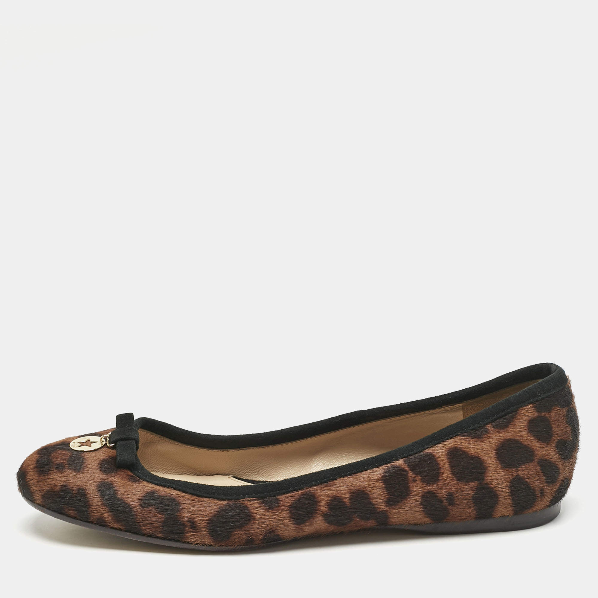 Fendi Black/Brown Suede and Leopard Print Calf Hair Bow Ballet Flats Size 37