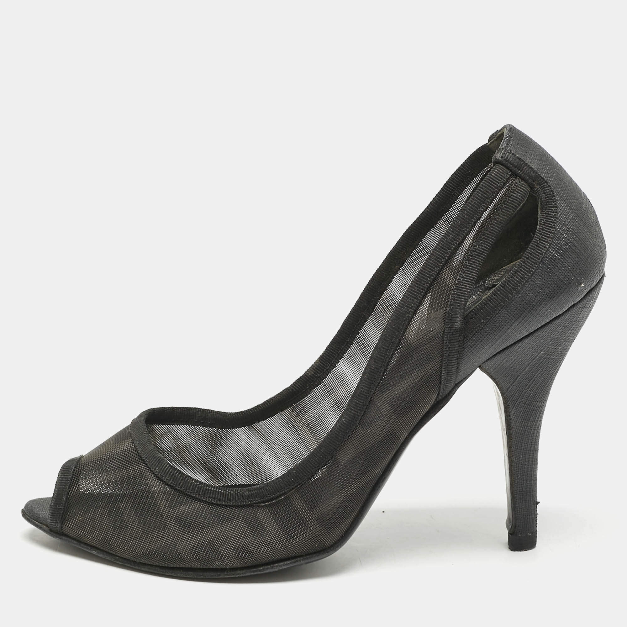 Fendi Black Zucca Mesh and Coated Fabric Peep Toe Pumps Size 37