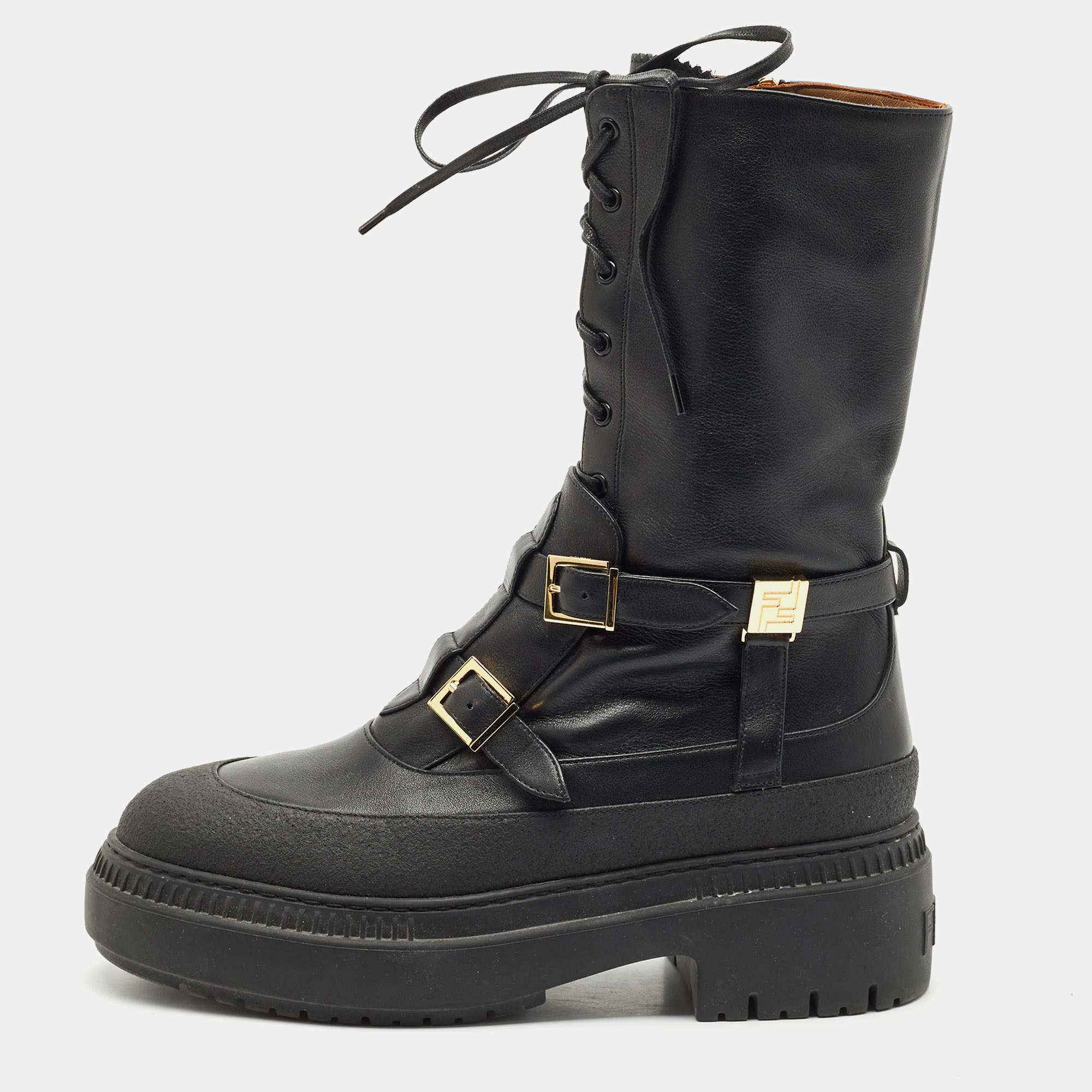 Fendi Black Leather Delfina Biker Boots Size 38