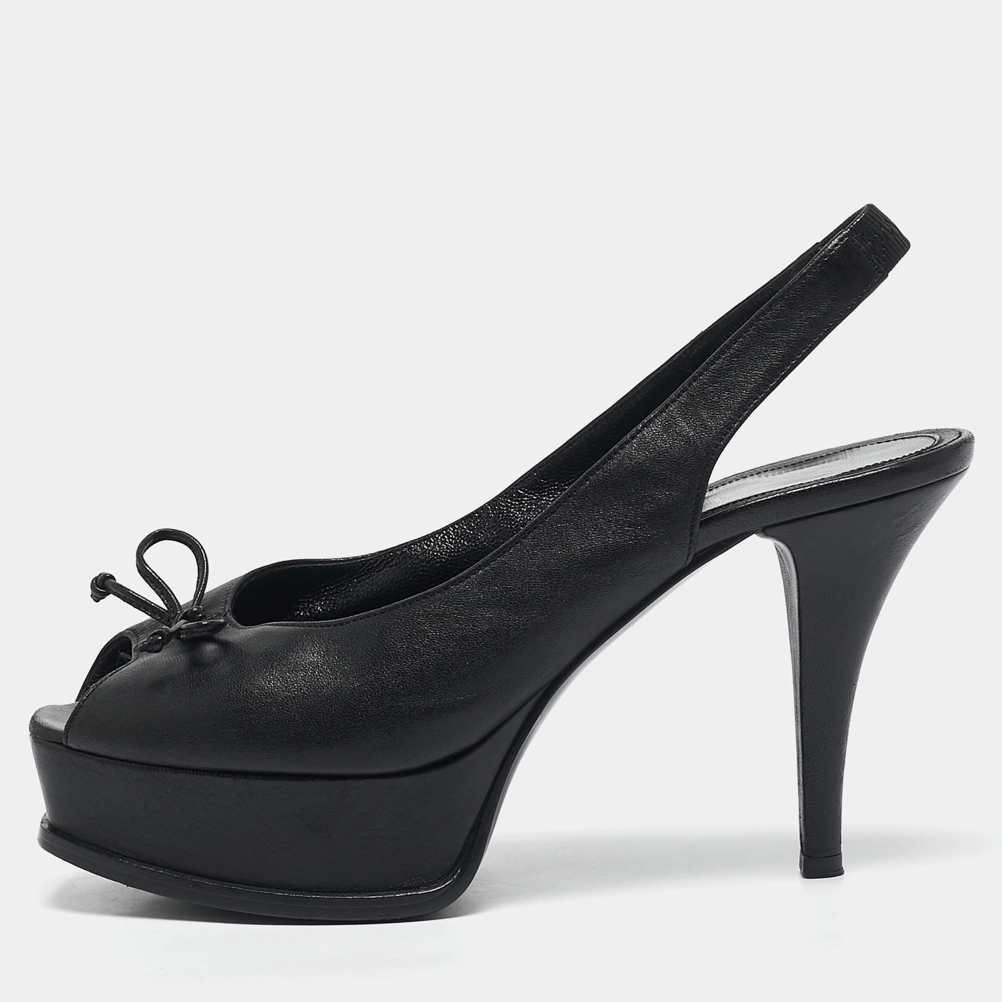 Pre Owned Fendi Black Leather Fendista Bow Peep Toe Slingback Platform Pumps Size 37