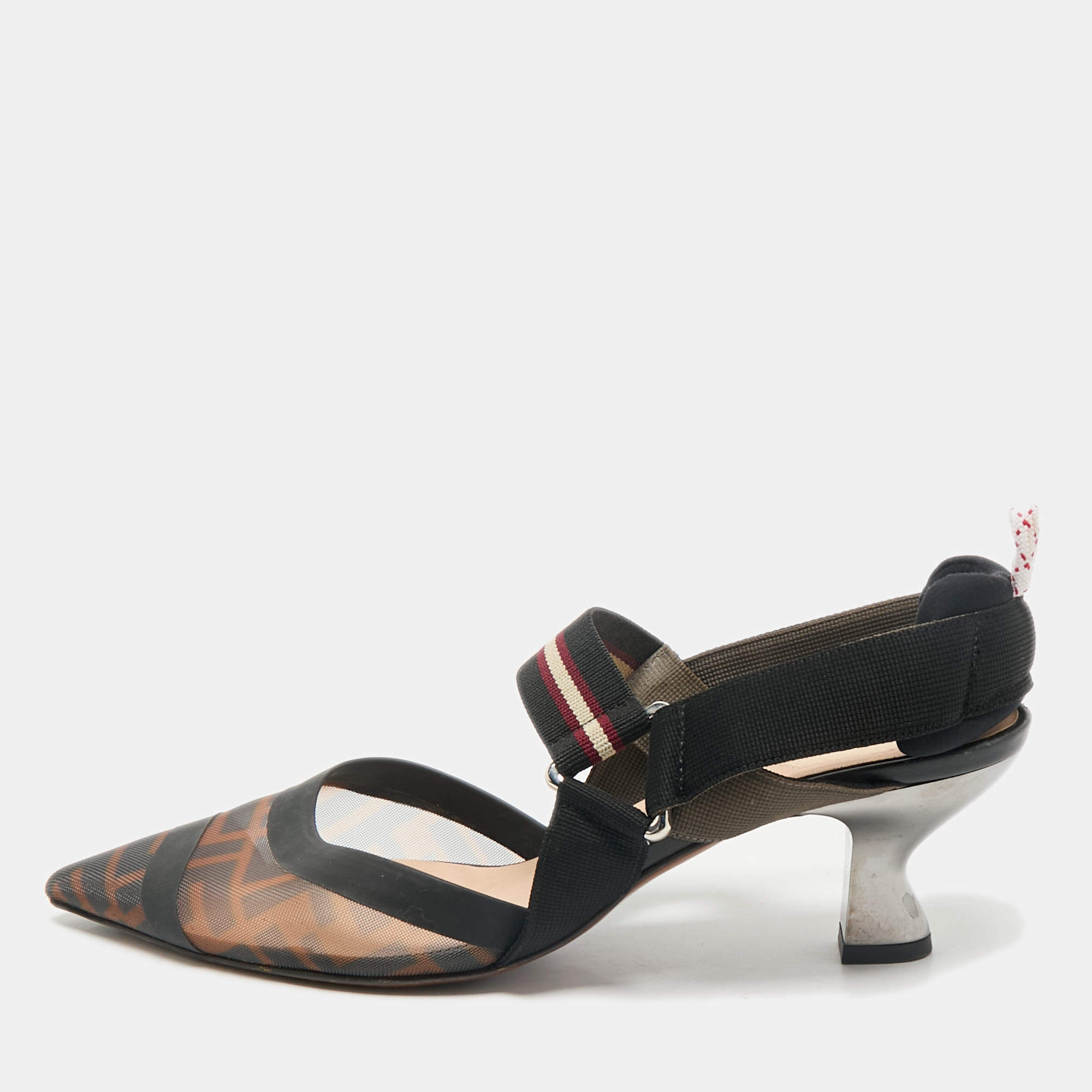 Fendi Brown/Black Fabric and Zucca Mesh Colibri Slingback Pumps Size 39