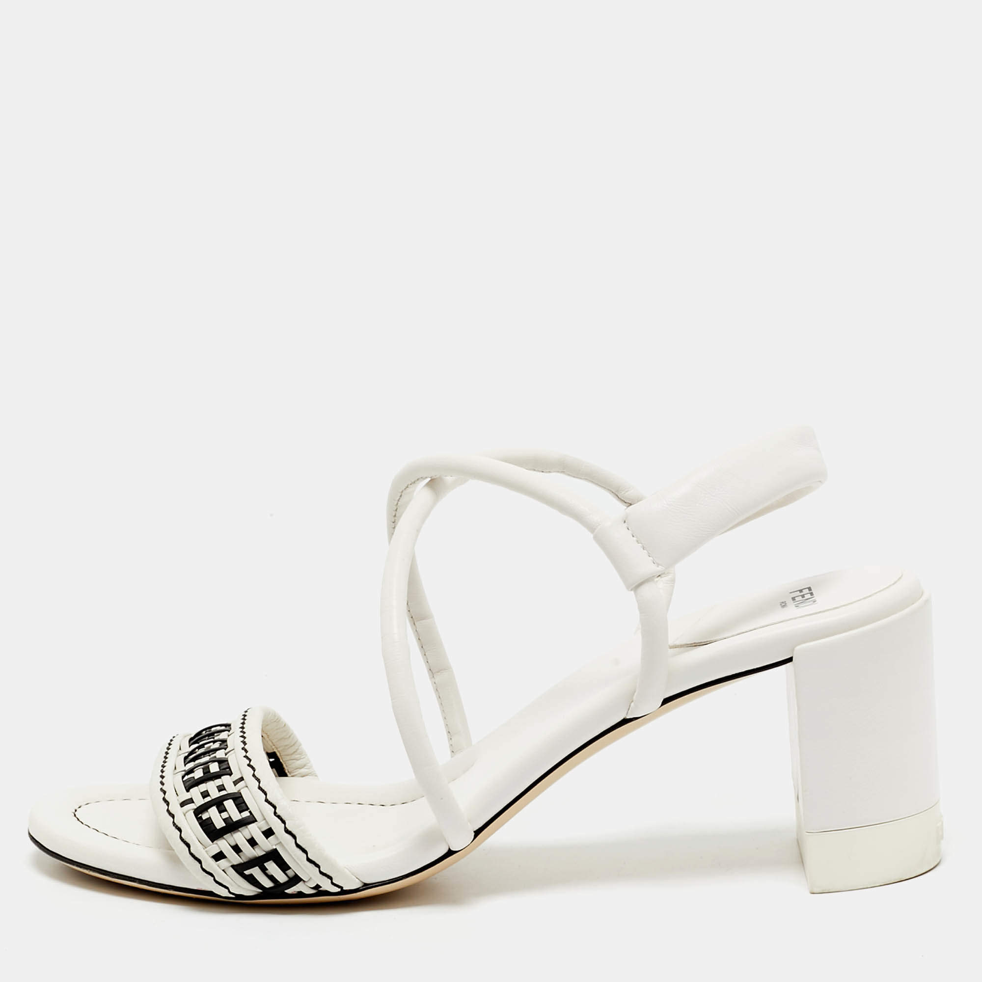 Fendi White/Black Leather Block Heel Ankle Strap Sandals Size 41