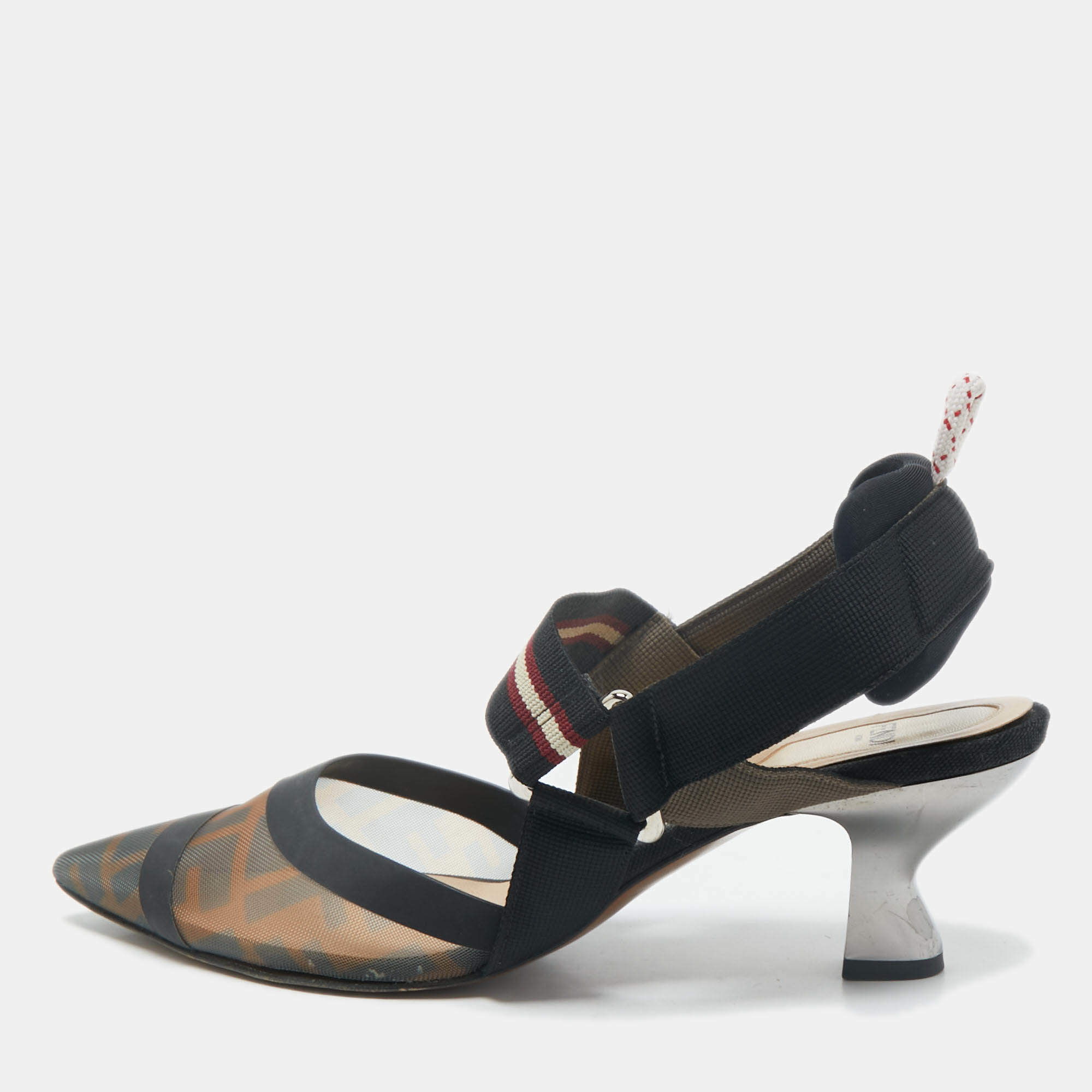 Fendi Brown/Black Zucca Mesh and Canvas Colibri Slingback Pumps Size 38