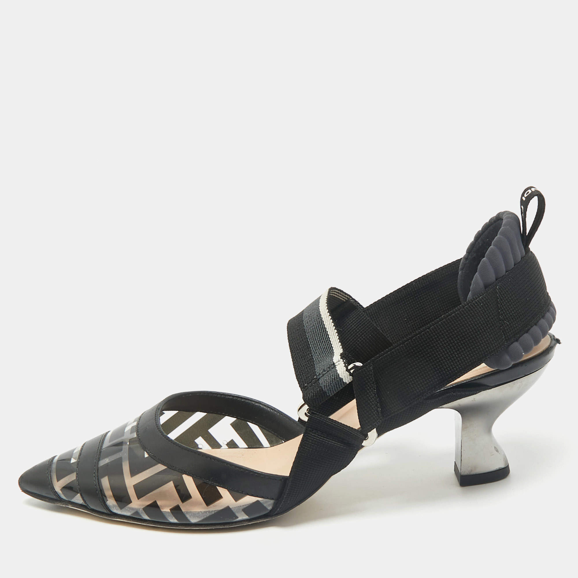 Pre Owned Fendi Black Leather and Zucca PVC Colibri Slingback Pumps Size 37