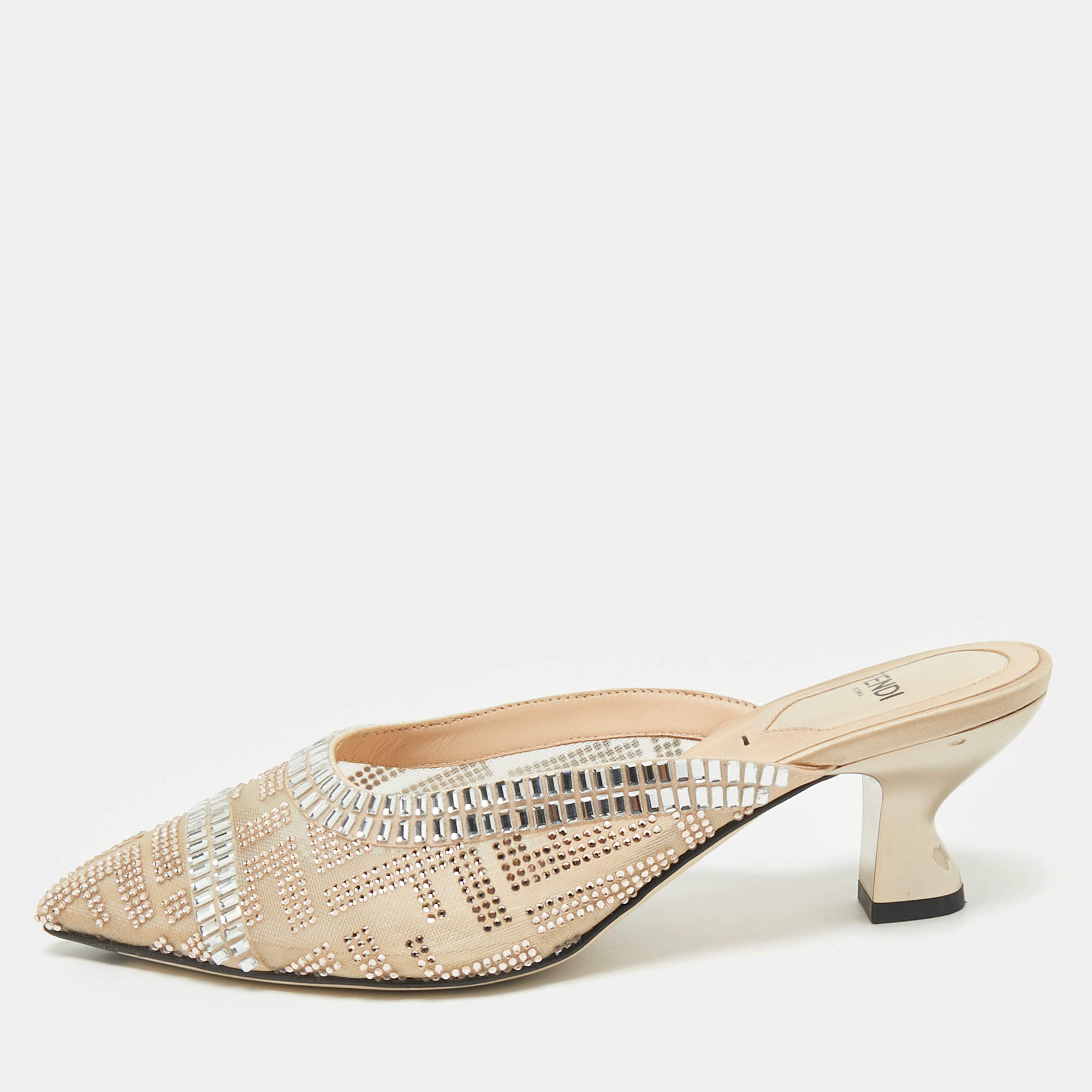 Fendi Beige Mesh Crystal Embellished Colibri Heel Mules Size 35