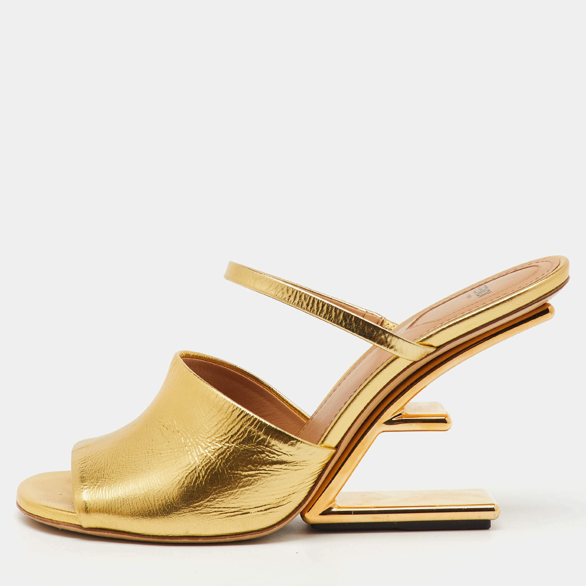Pre Owned Fendi Gold Leather Fendi First Slide Sandals Size 41