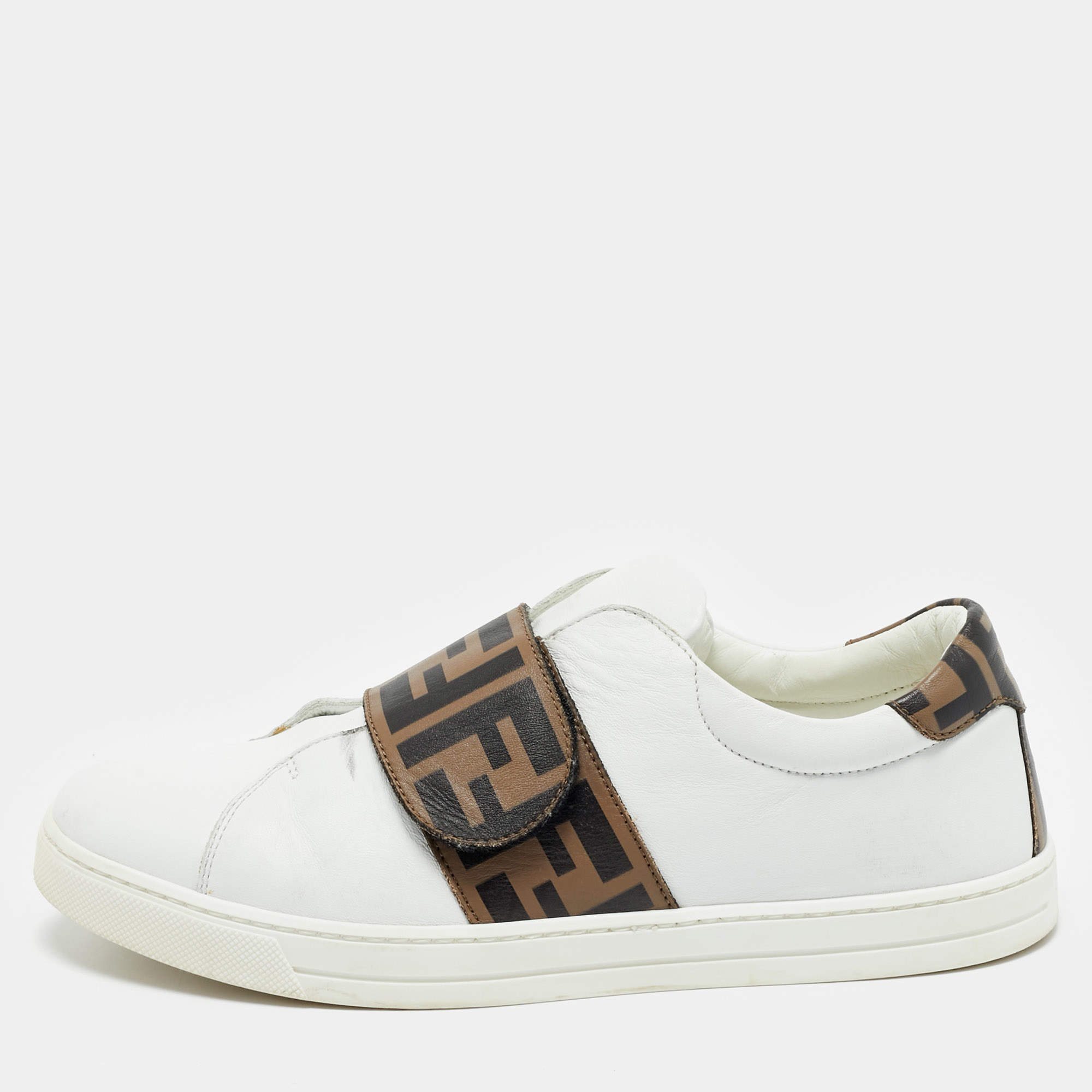 Fendi White/Brown Leather FF Buckle Low Top Sneakers Size 37