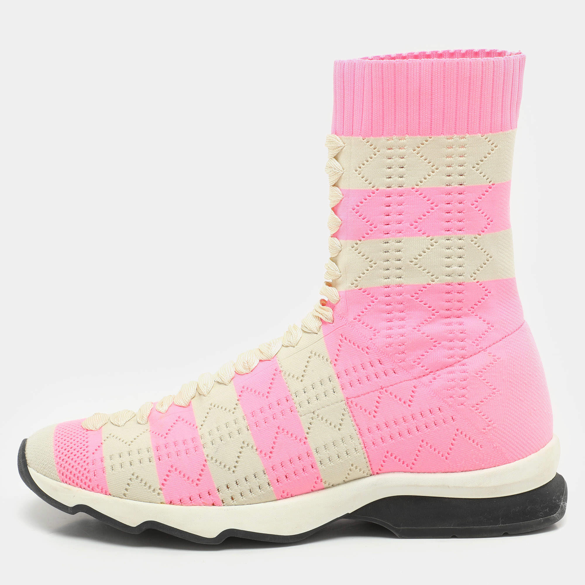 Pre Owned Fendi Pink and Beige Stripes Knit Fabric Sneaker Boots Size 38