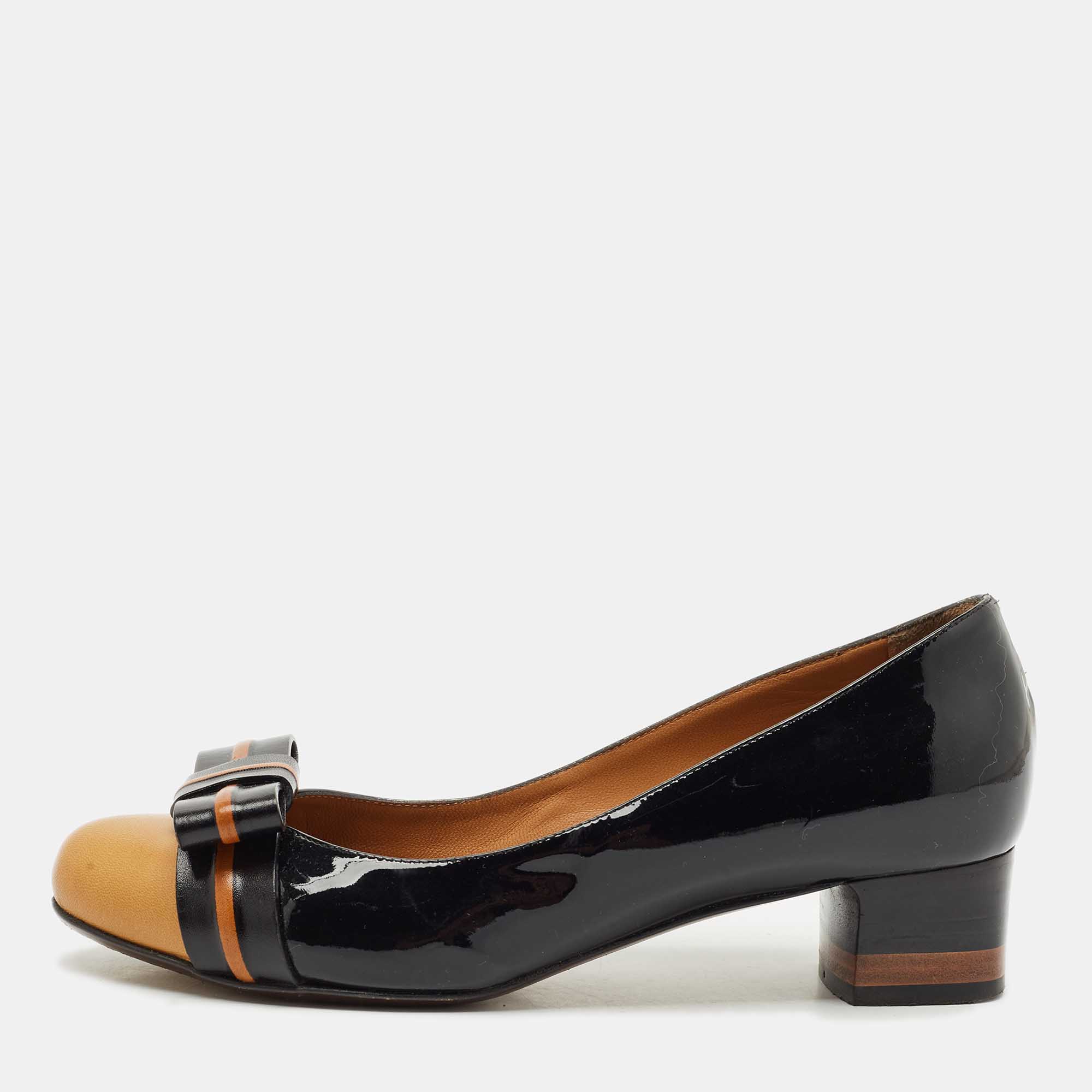 Fendi Black/Beige Leather Cap Toe Bow Detail Pumps Size 38