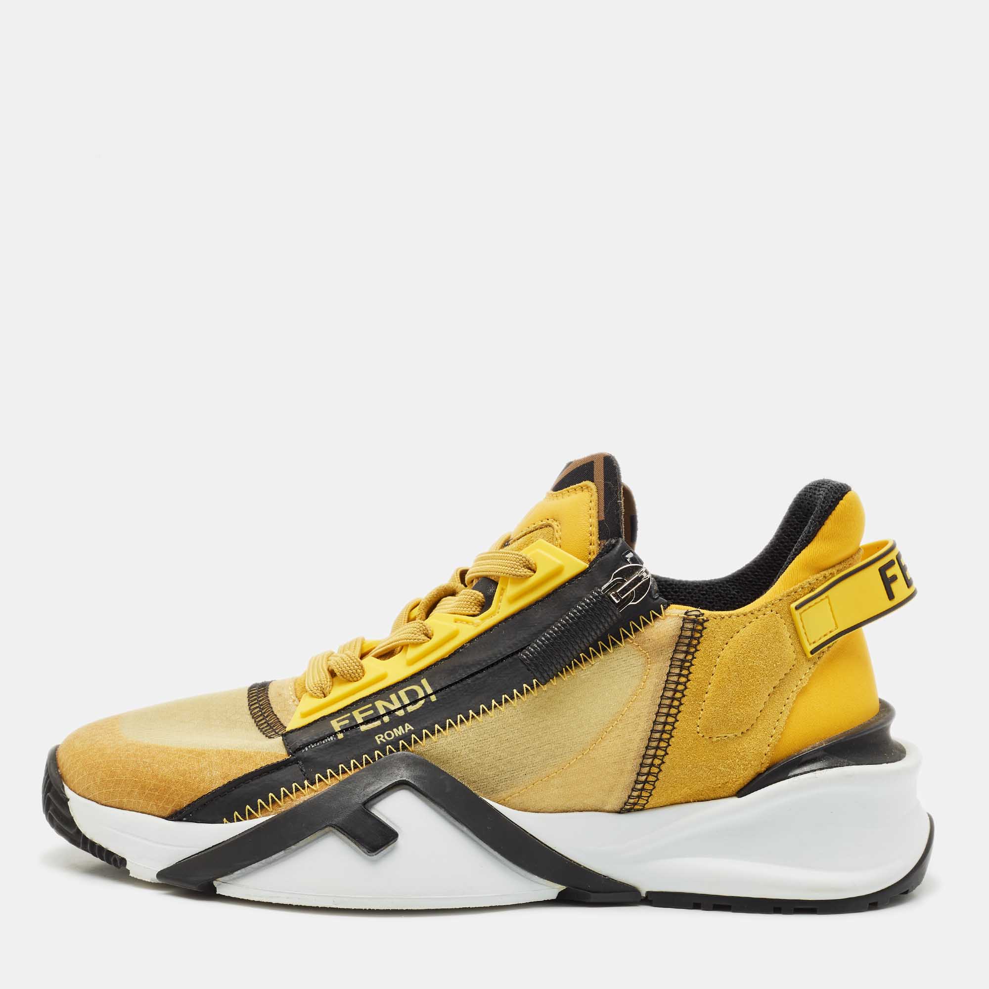 Fendi Yellow Mesh and Suede Flow Sneakers Size 36