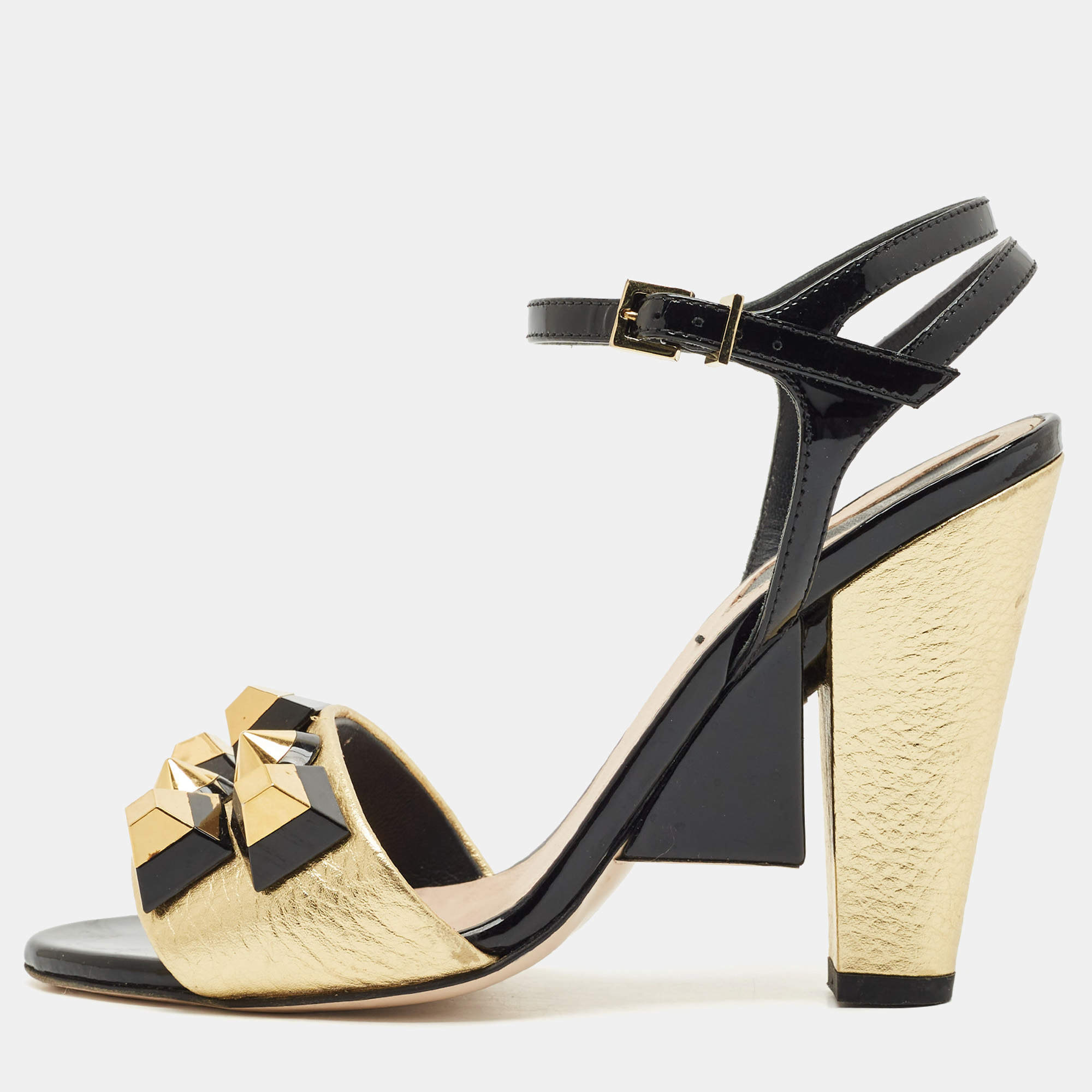 Pre Owned Fendi Gold/Black Leather and Patent Studded Ankle Strap Sandals Size 35