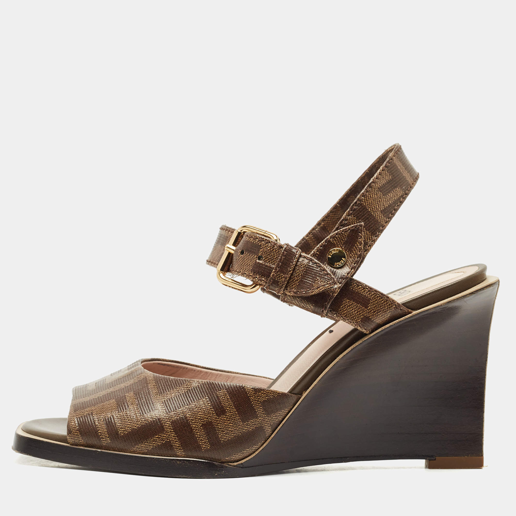 Fendi Brown Zucca Coated Canvas Motif Logo Wedge Ankle Strap Sandals Size 36