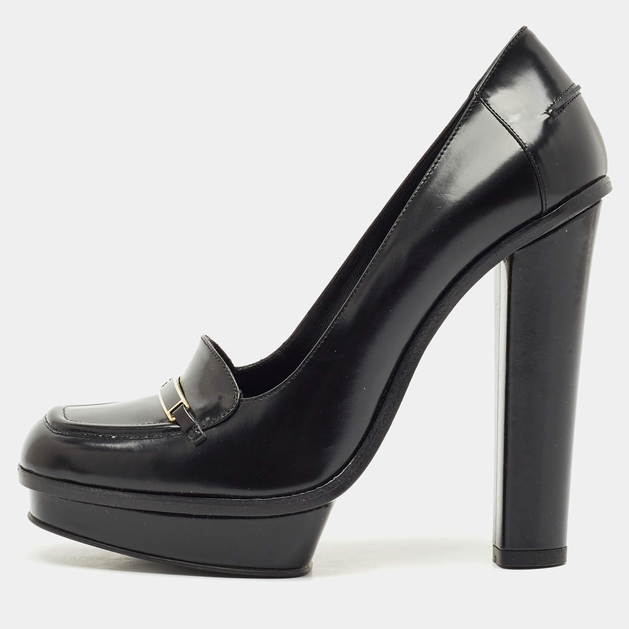 Pre Owned Fendi Black Leather Logo Loafer Platform Pumps Size 38