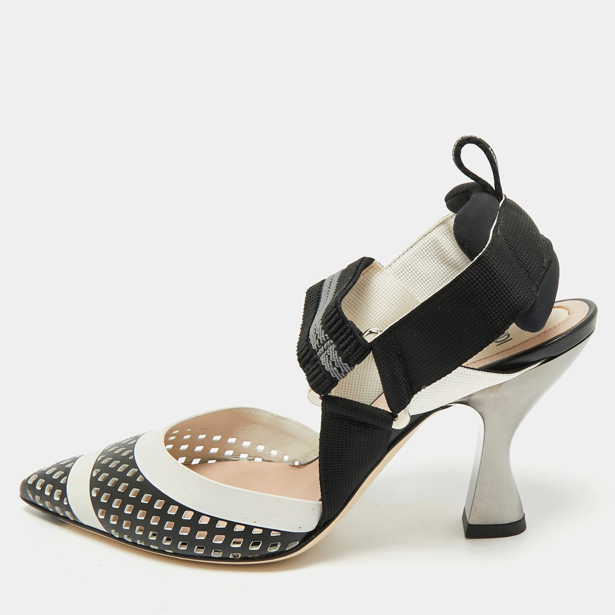 Pre Owned Fendi White/Black Zucca Canvas and Leather Colibri Slingback Pumps Size 35