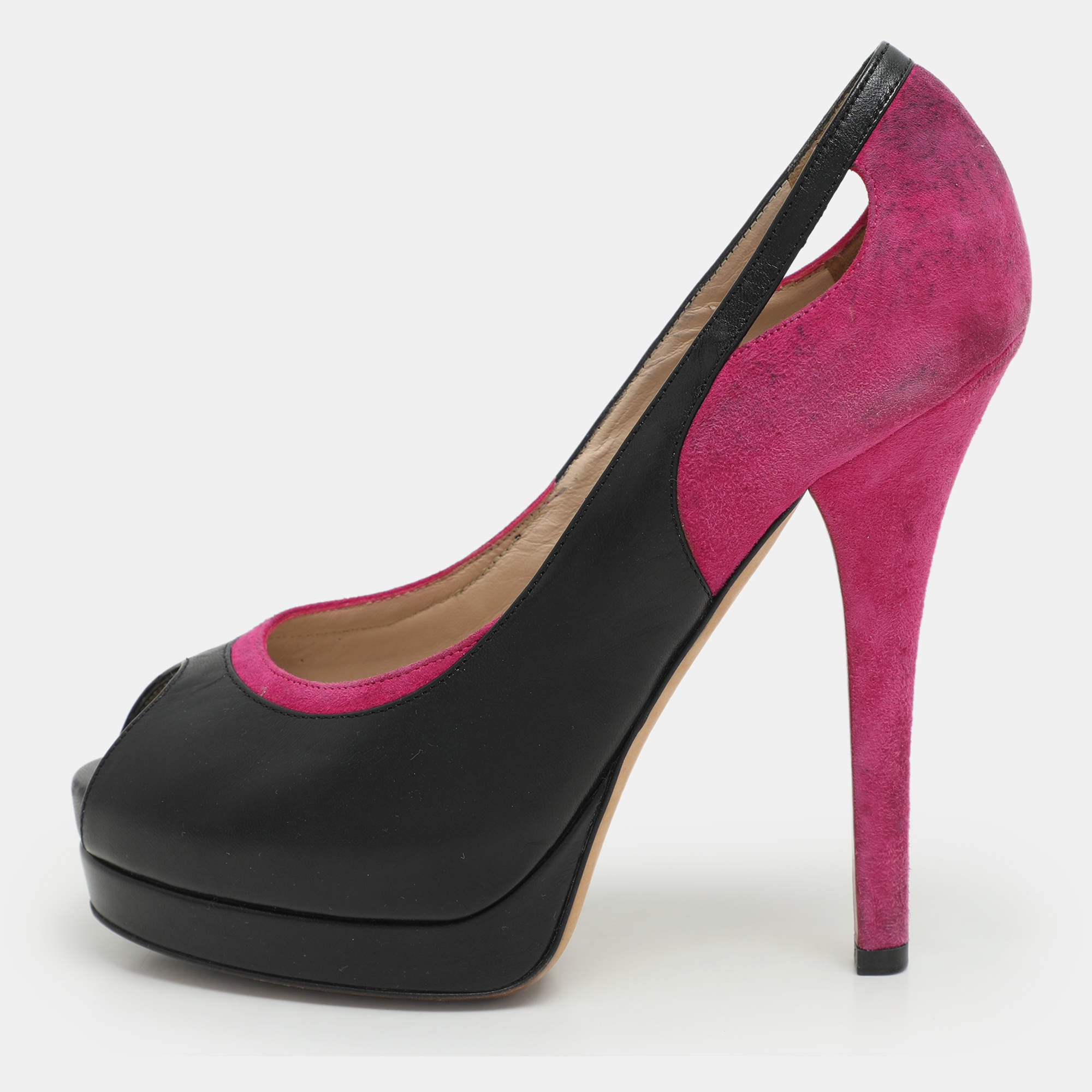 Pre Owned Fendi Pink/Black Suede and Leather Cutout Peep Toe Platform Pumps Size 38