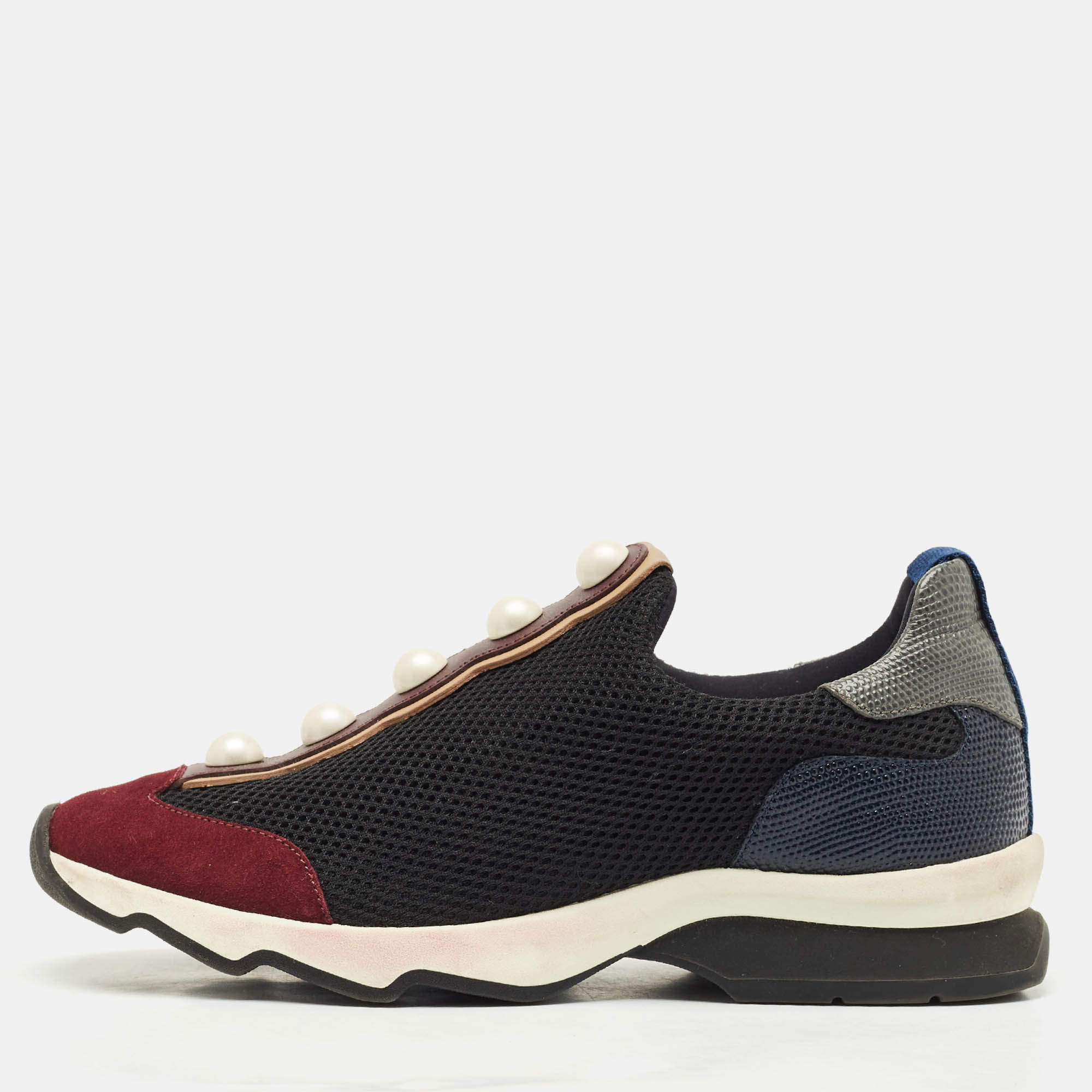 Pre Owned Fendi Black/Burgundy Mesh and Suede Pearl Technical Slip On Sneakers Size 37