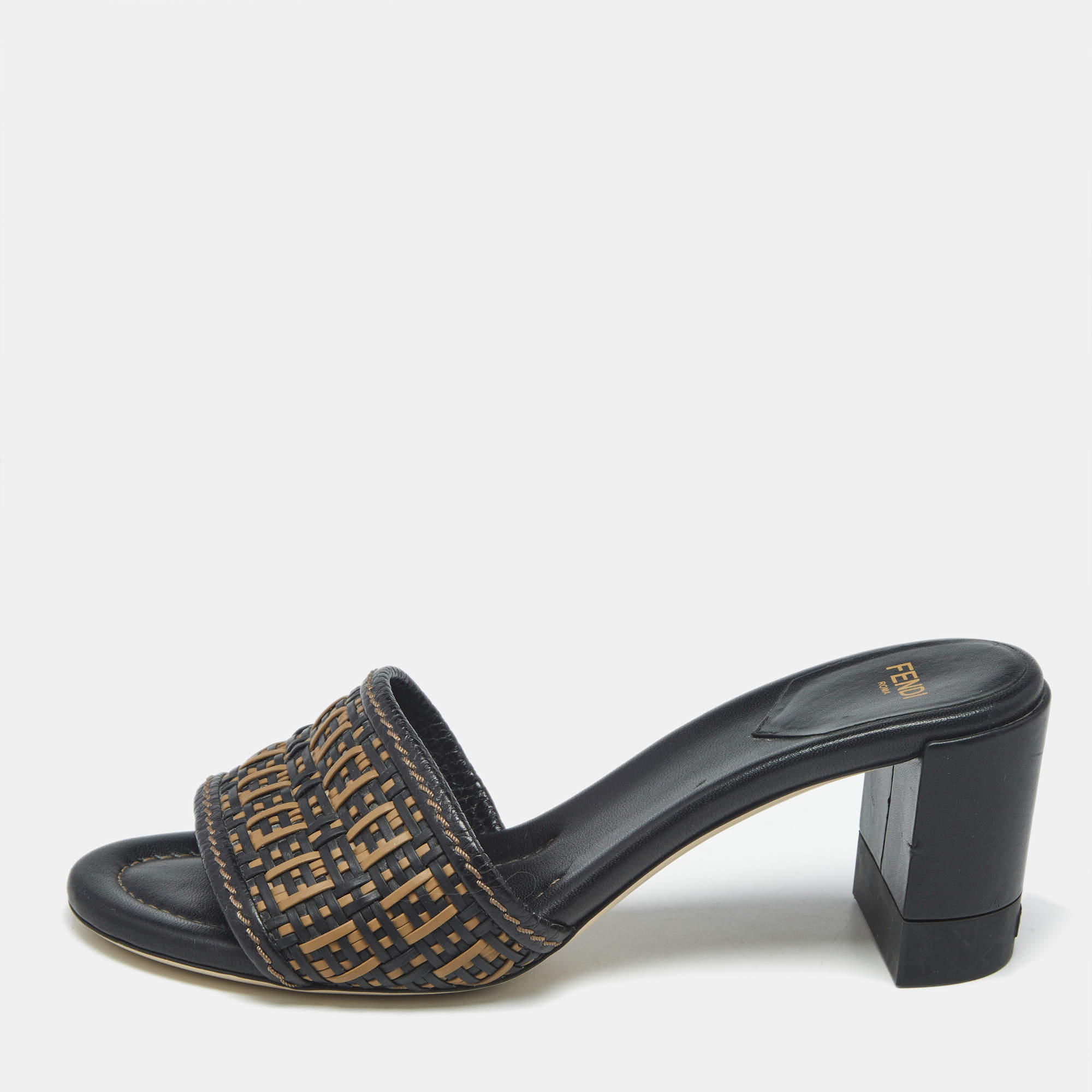 Pre Owned Fendi Black/Brown FF Interlace Leather Slide Sandals Size 37.5