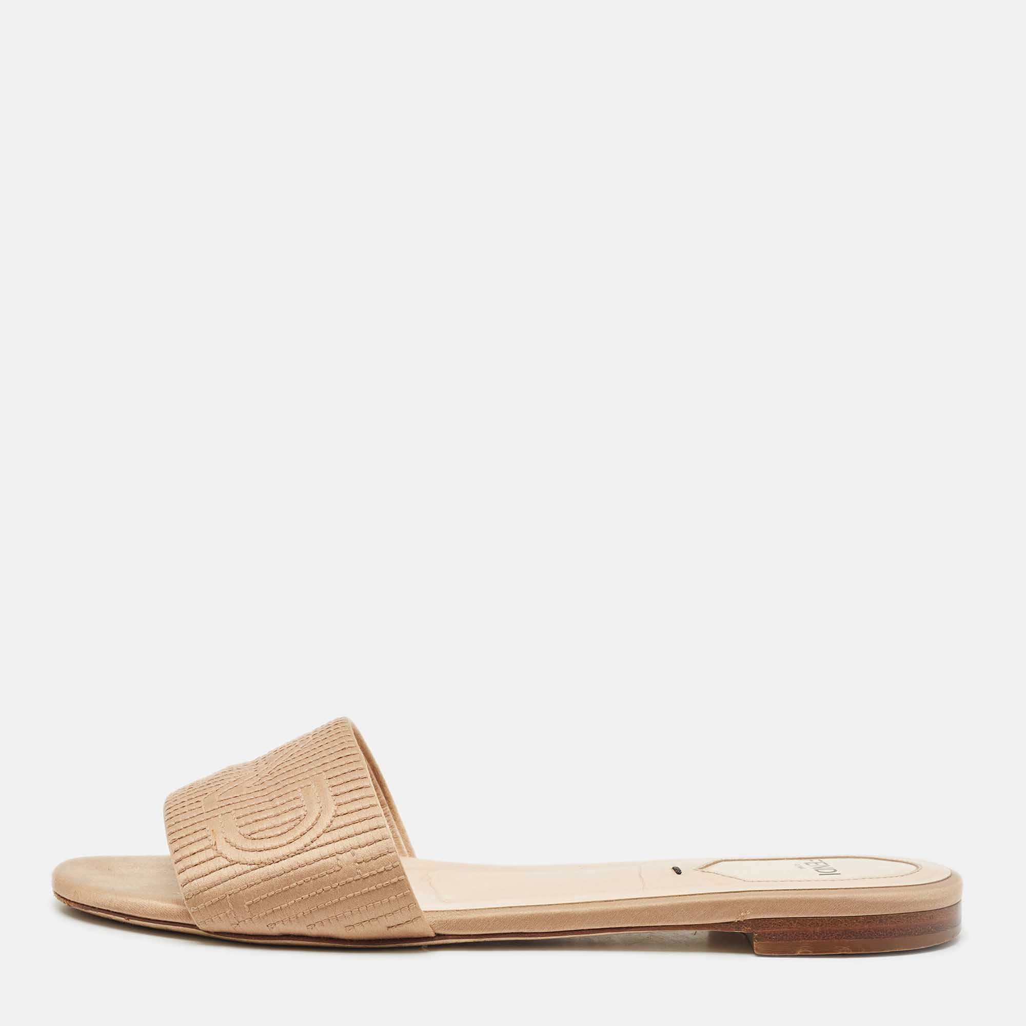 Pre Owned Fendi Beige Satin Logo Embroidered Flat Slides Size 37.5
