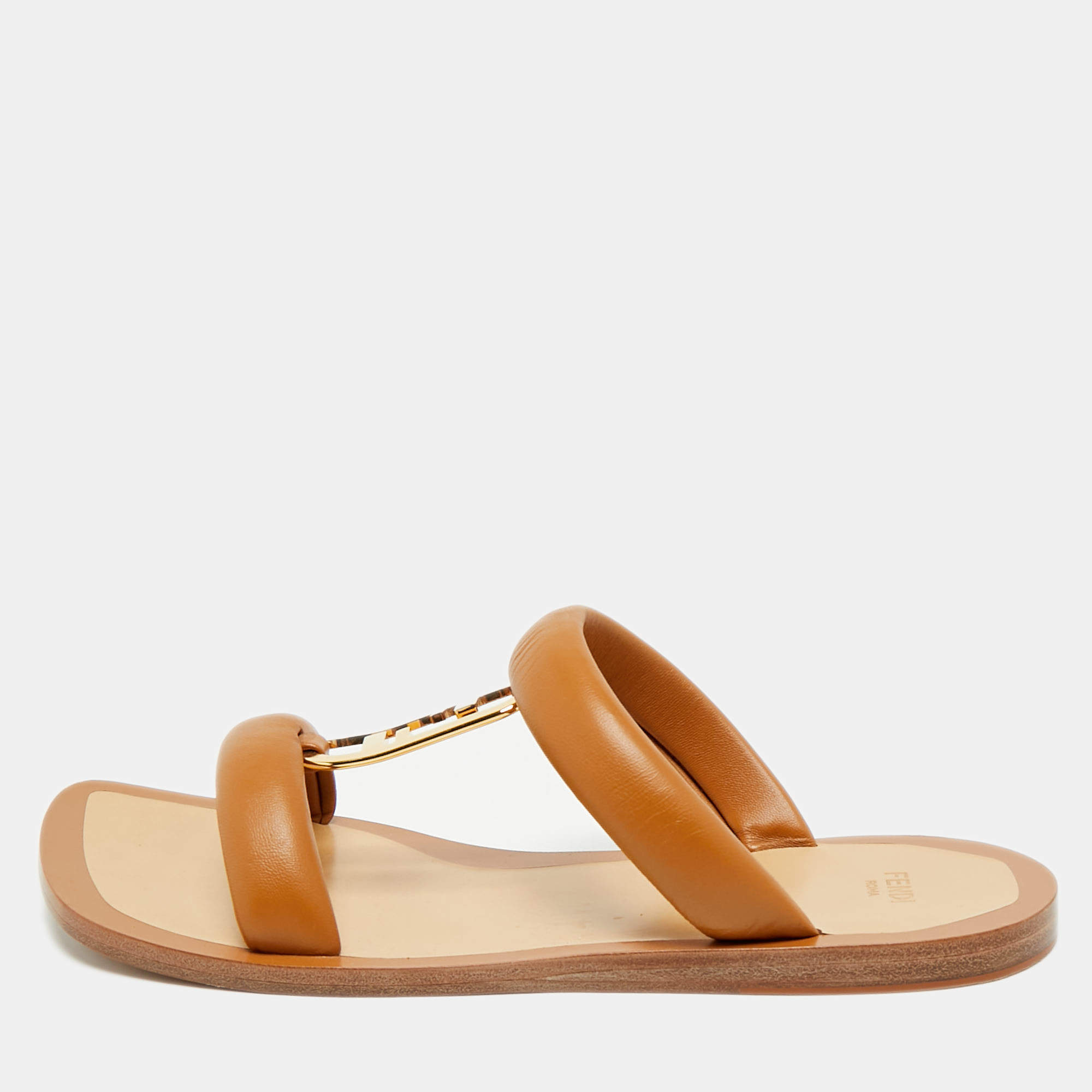 Pre Owned Fendi Brown Leather Buckle Flats Slide Size 38