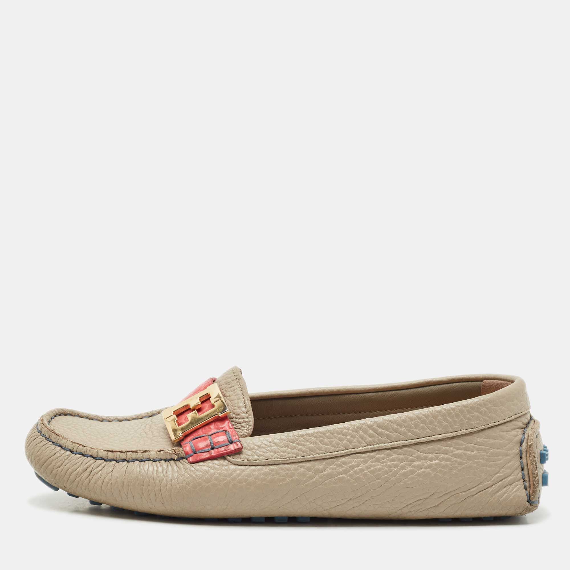 Pre Owned Fendi Grey Leather FF Logo Loafers Size 37.5