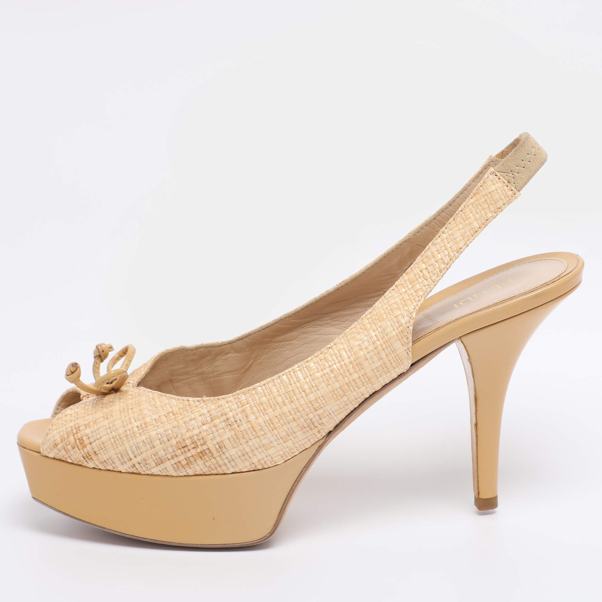 Pre Owned Fendi Beige Woven Straw Fendista Bow Platform Slingback Sandals Size 41