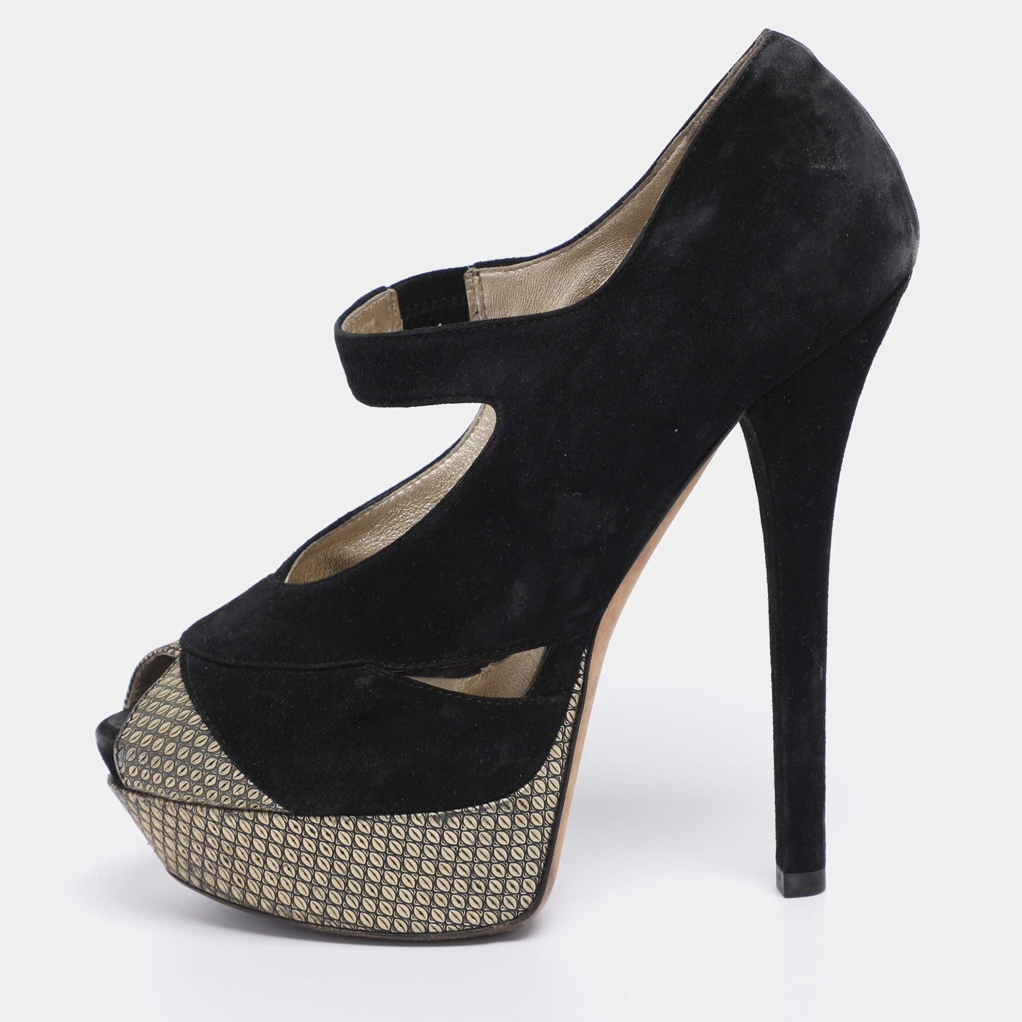 Pre Owned Fendi Black Suede Peep Toe Platform Pumps Size 38.5