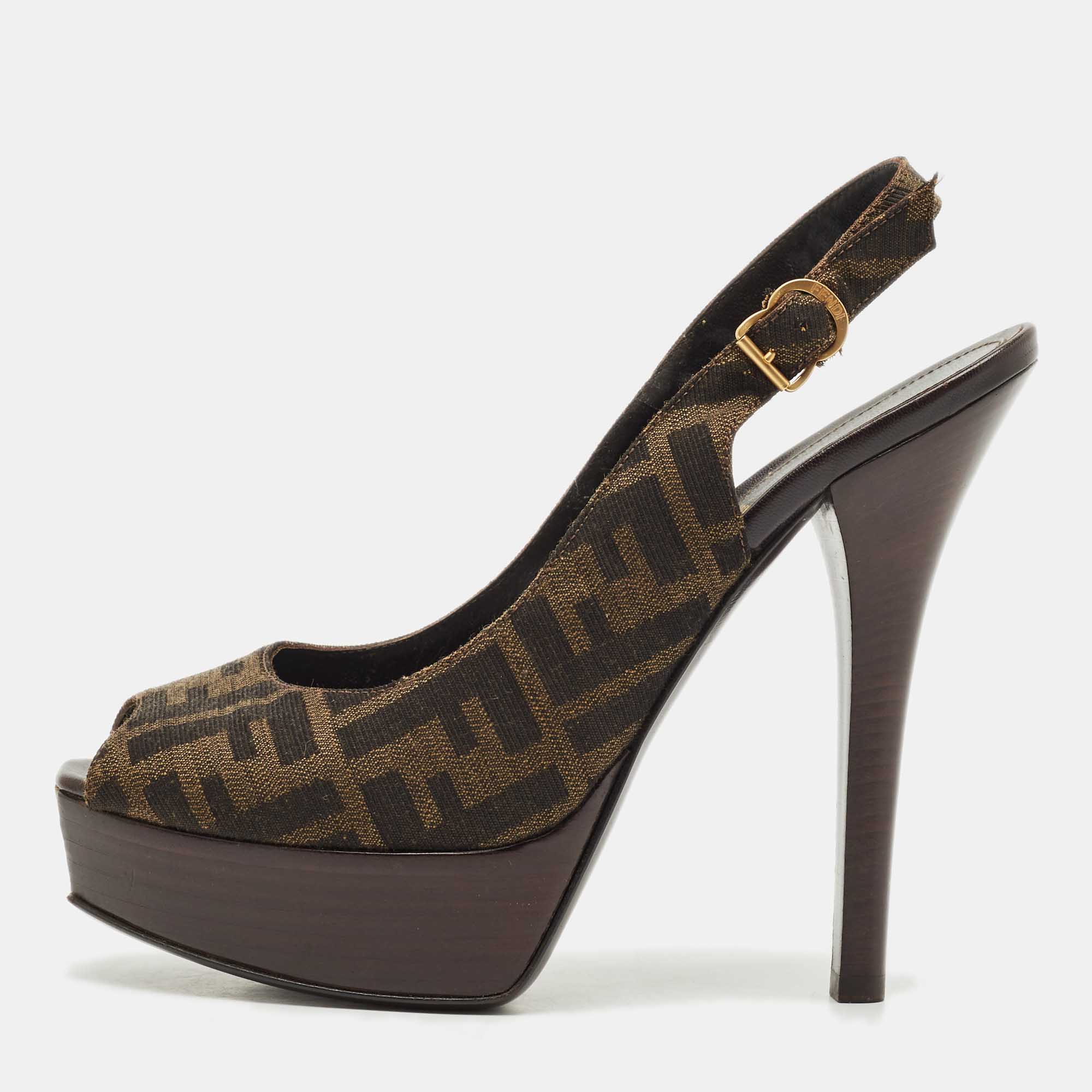 Pre Owned Fendi Brown Zucca Canvas Open Toe Platform Slingback Sandals Size 40