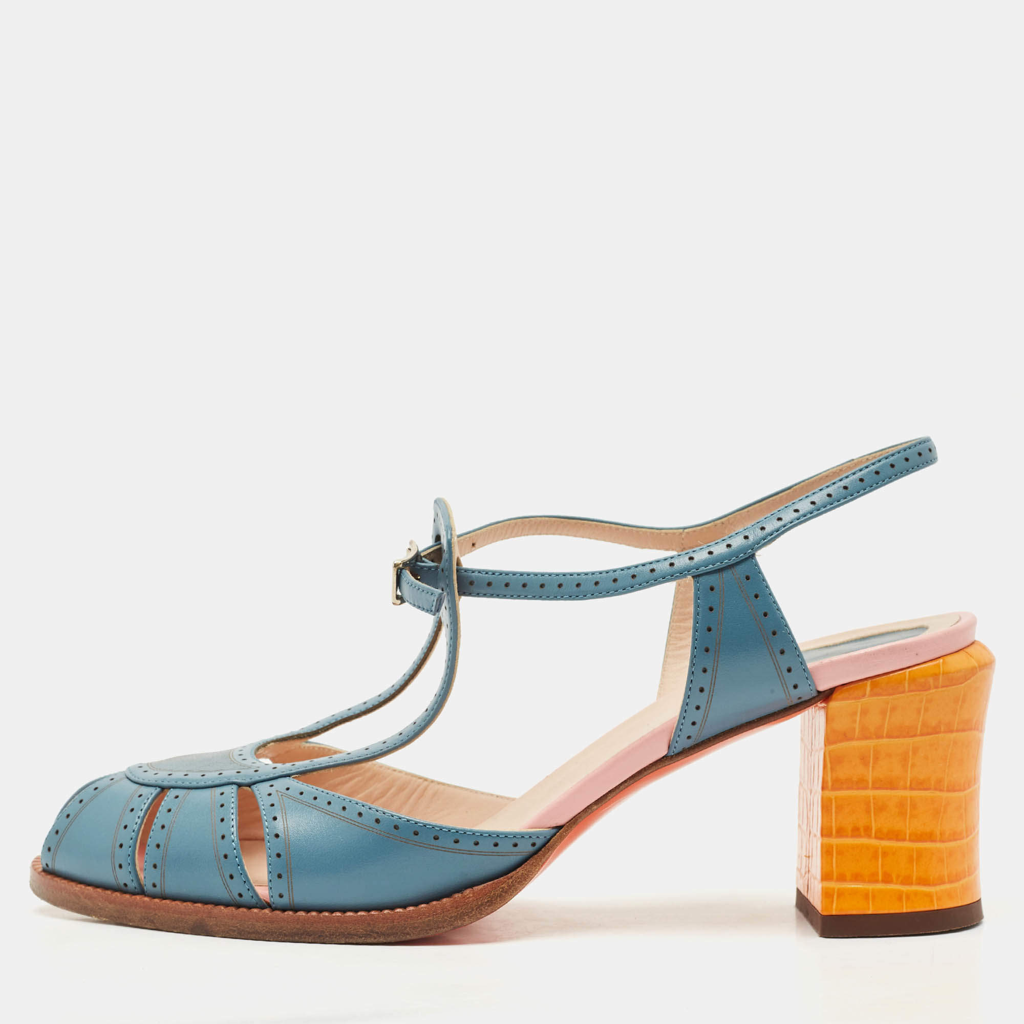 Pre Owned Fendi Tricolor Leather Chameleon T-Strap Sandals Size 40