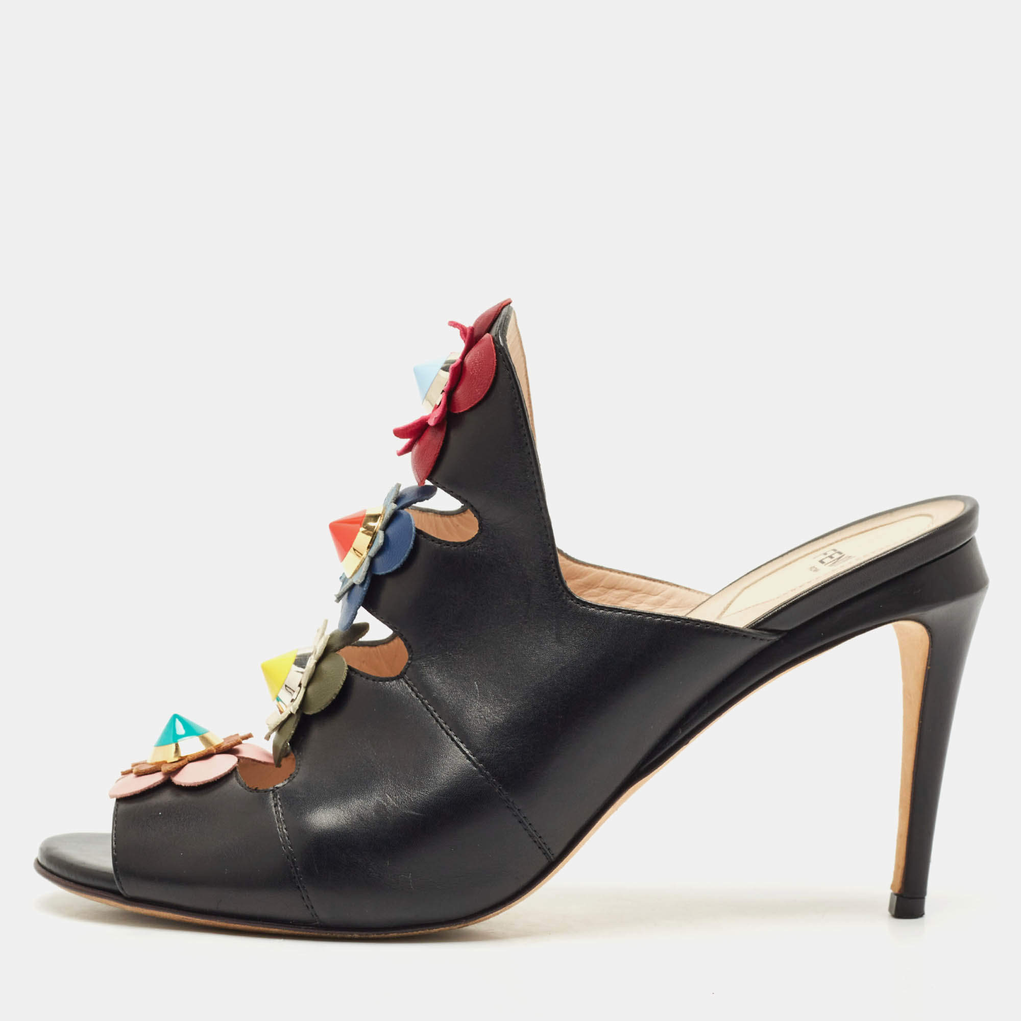 Pre Owned Fendi Black Leather Flowerland Slide Sandals Size 40