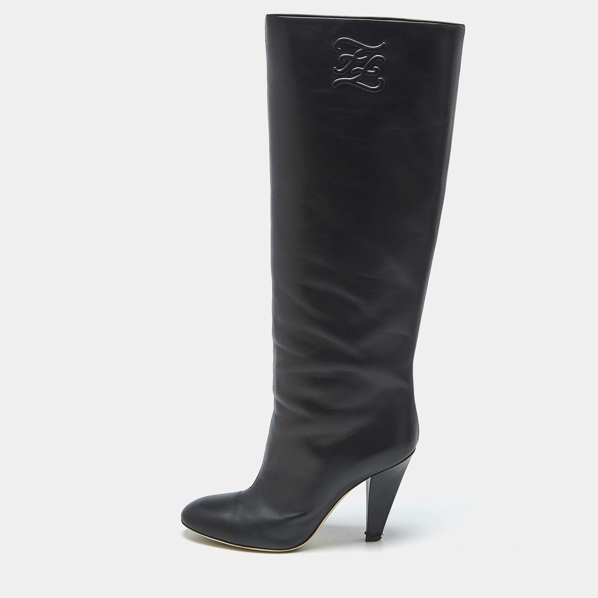 Pre Owned Fendi Black Leather Knee Length Boots Size 38