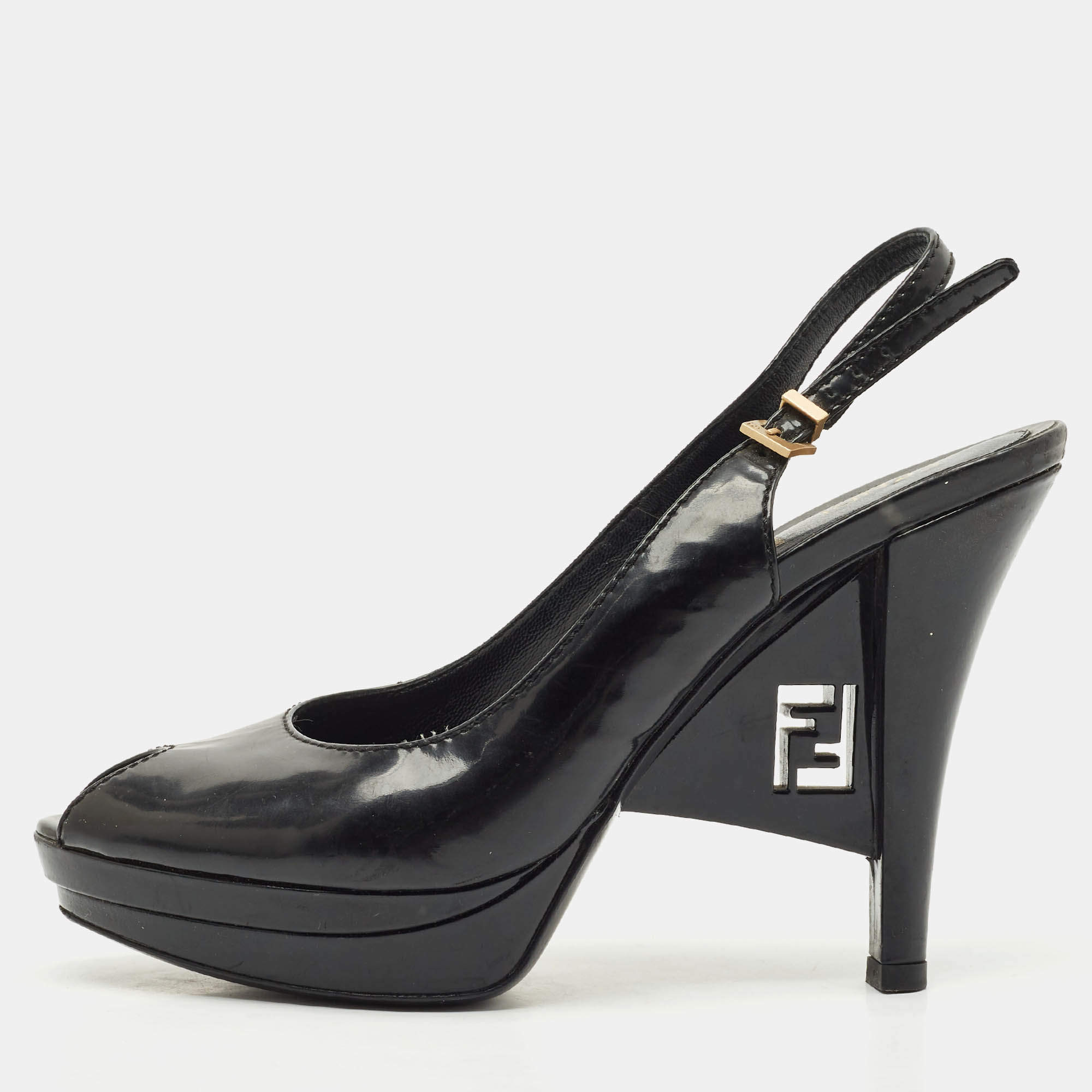 Pre Owned Fendi Black Patent Leather Fendista Platform Slingback Pumps Size 39