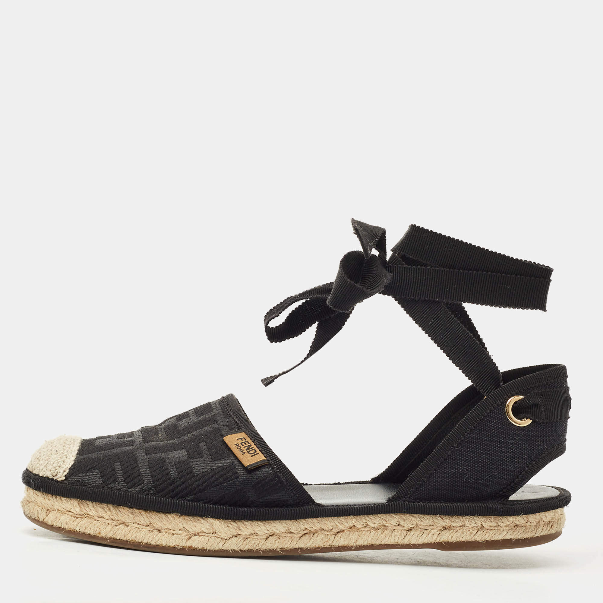 Pre Owned Fendi Black FF Logo Embroidered Fabric Ankle Wrap Espadrille Flats Size 38