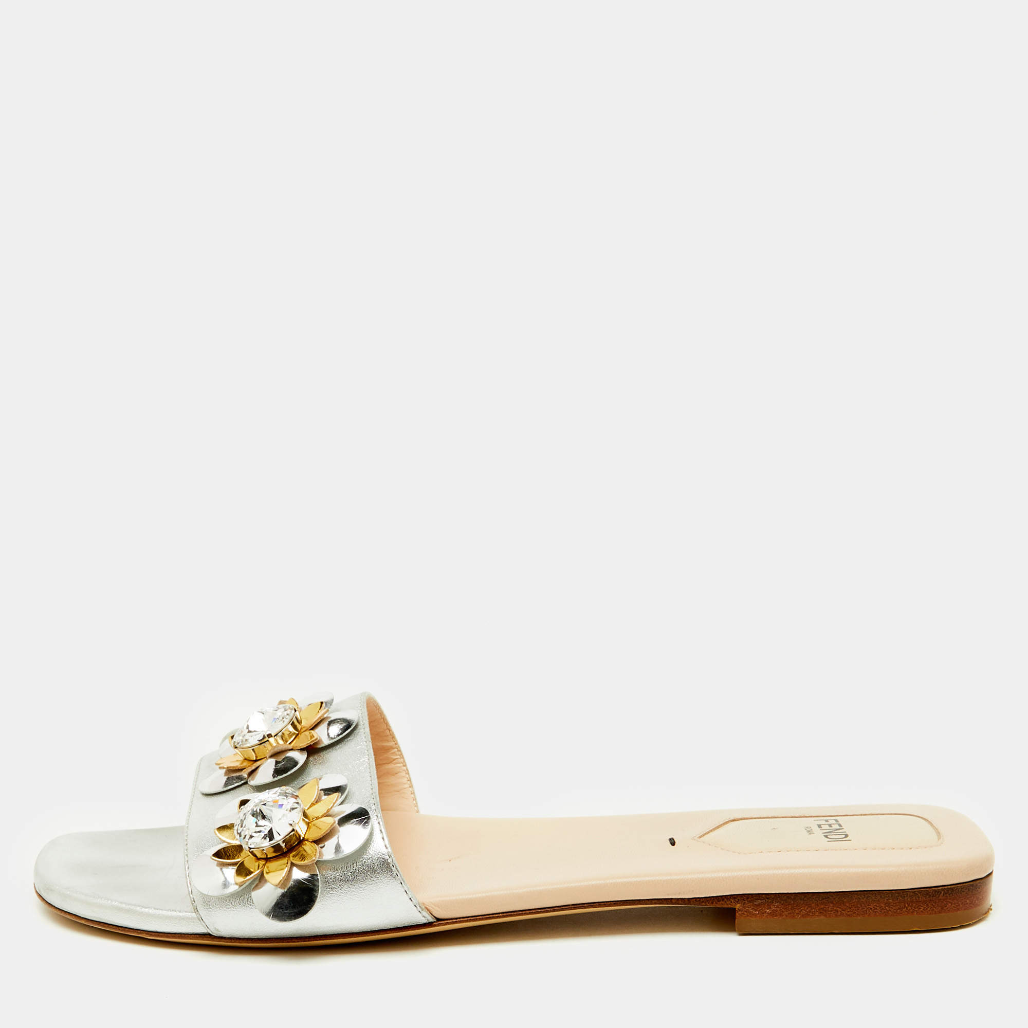 Pre Owned Fendi Silver Leather Flowerland Embellished Flat Slide Sandals Size 38