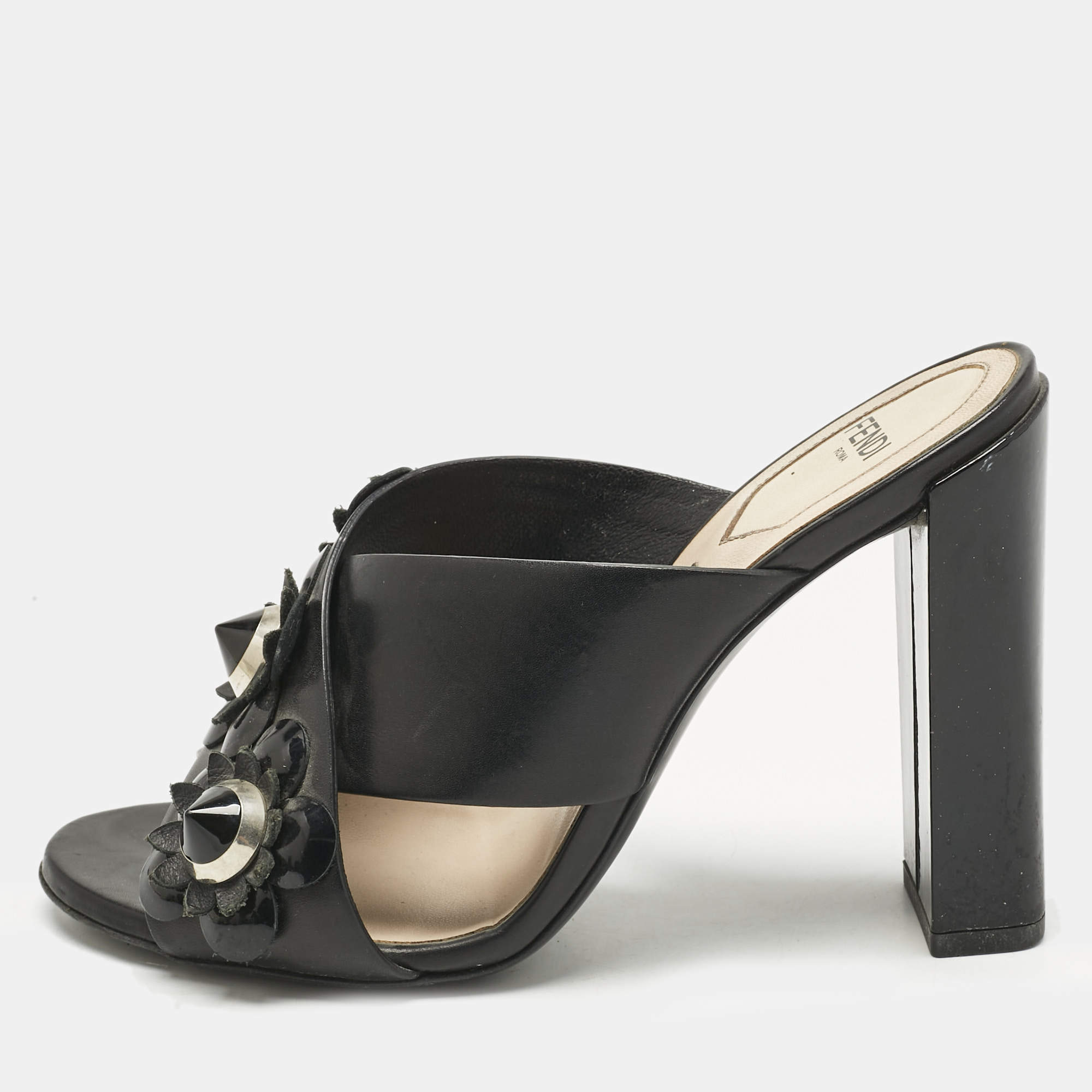 Pre Owned Fendi Black Patent and Leather Flowerland Criss Cross Slide Sandals Size 36