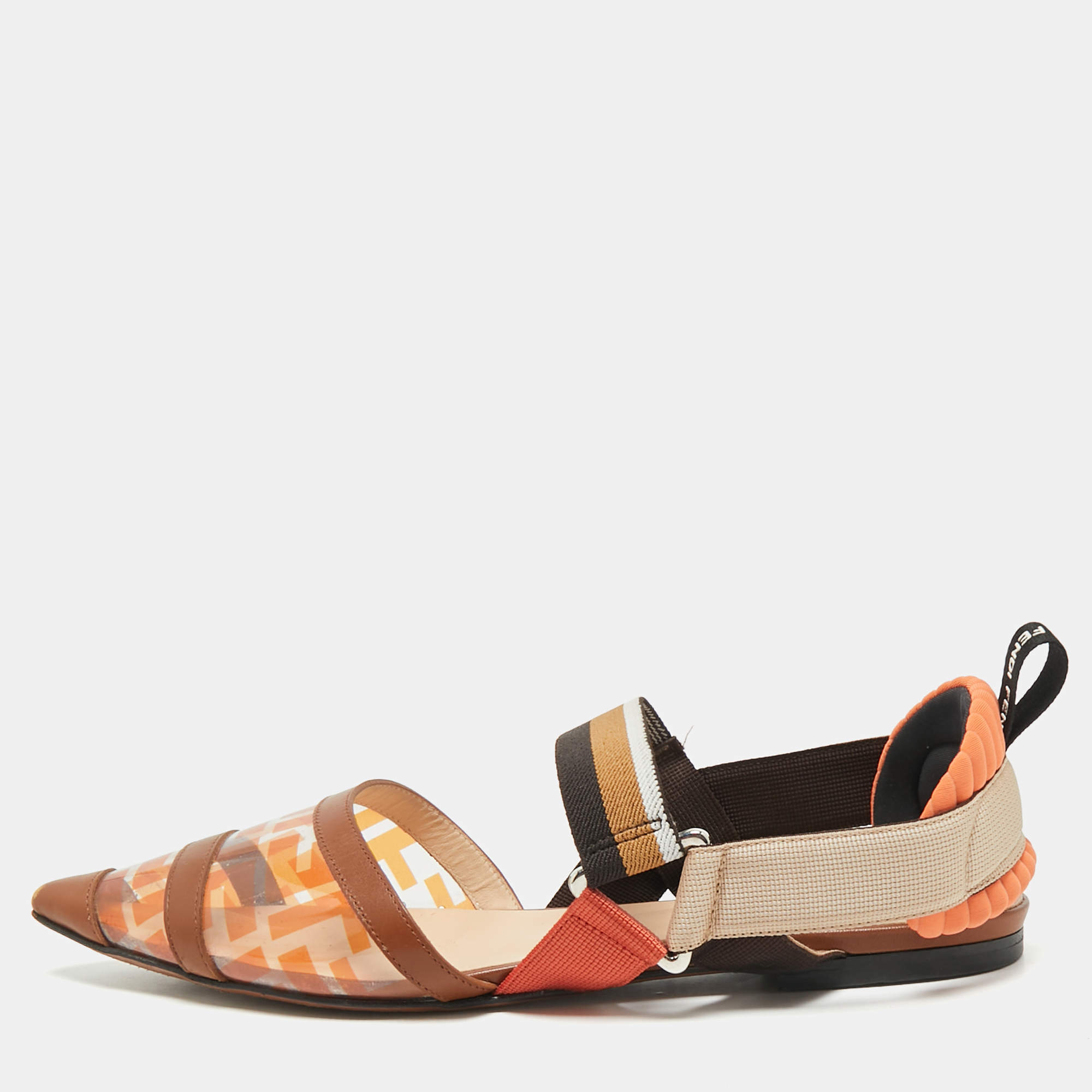 Pre Owned Fendi Orange/Brown Zucca PVC and Leather Colibri Slingback Flat Sandals Size 38