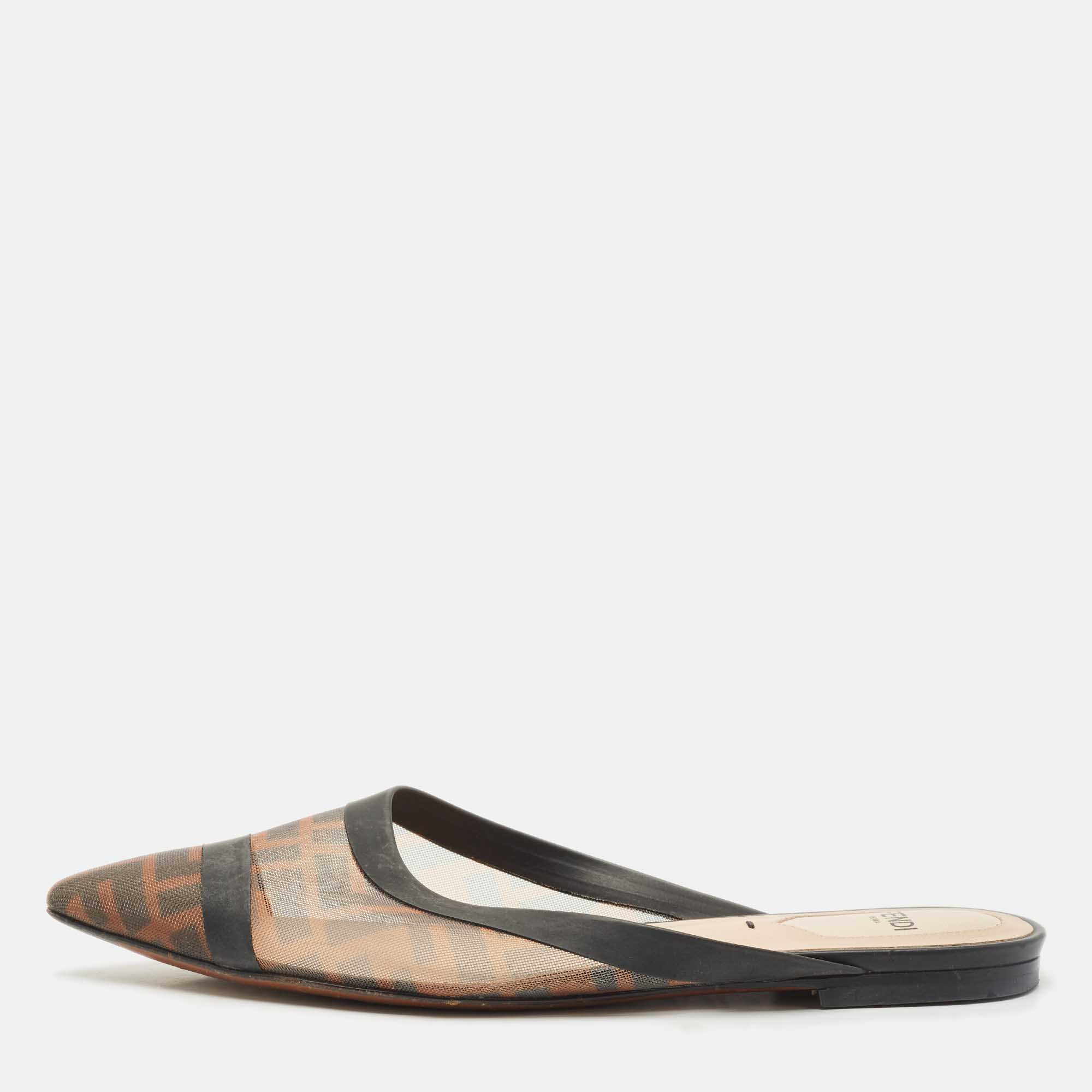 Pre Owned Fendi Tobacco FF Logo Print Mesh Colibri Pointed Toe Flat Mules Size 36
