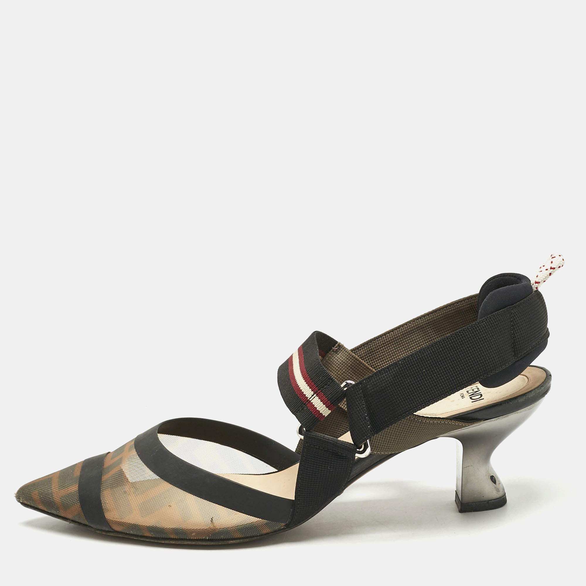 Pre Owned Fendi Brown/Black Zucca Mesh and Canvas Colibri Slingback Pumps Size 39