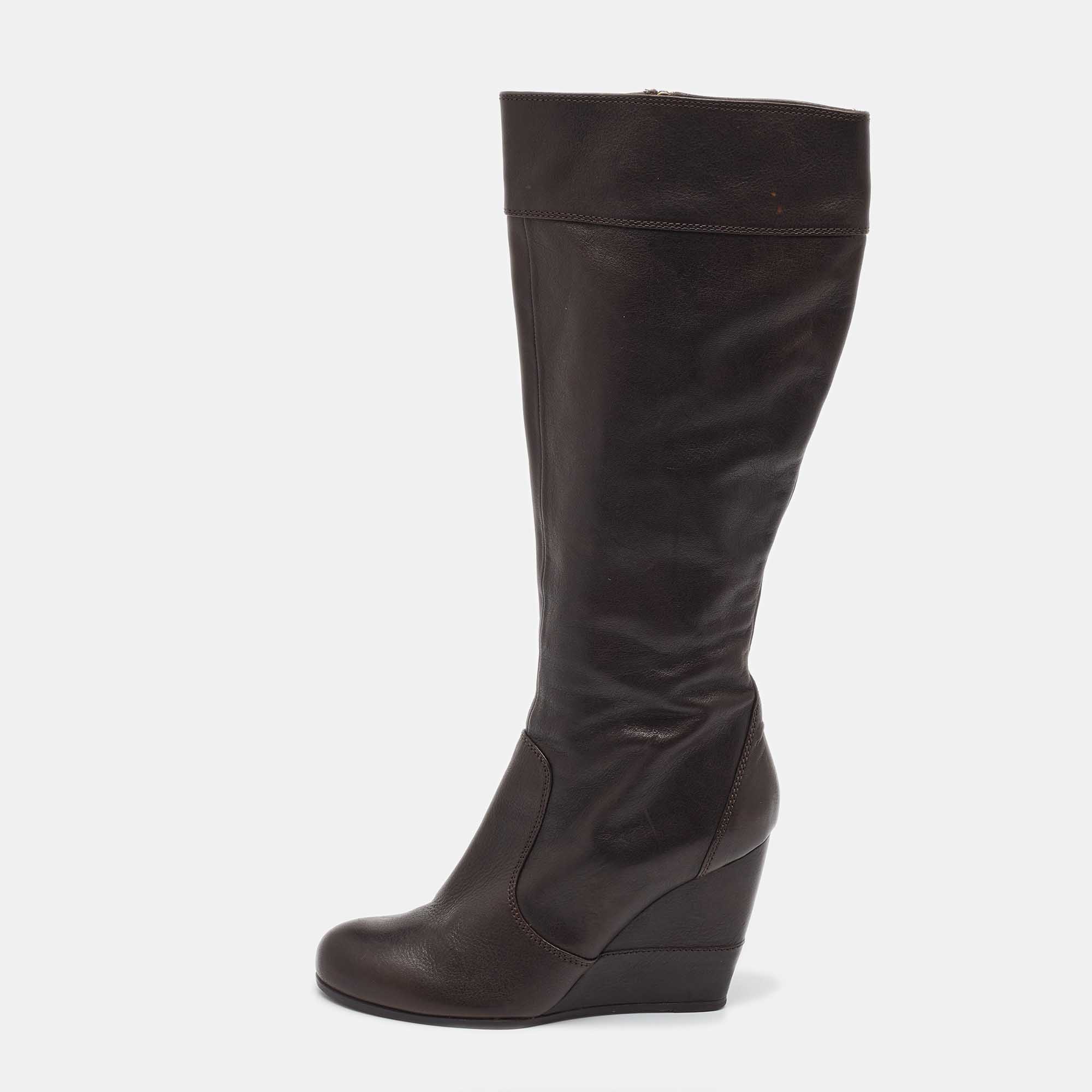 Pre Owned Fendi Dark Brown Leather Knee Length Wedge Boots Size 39