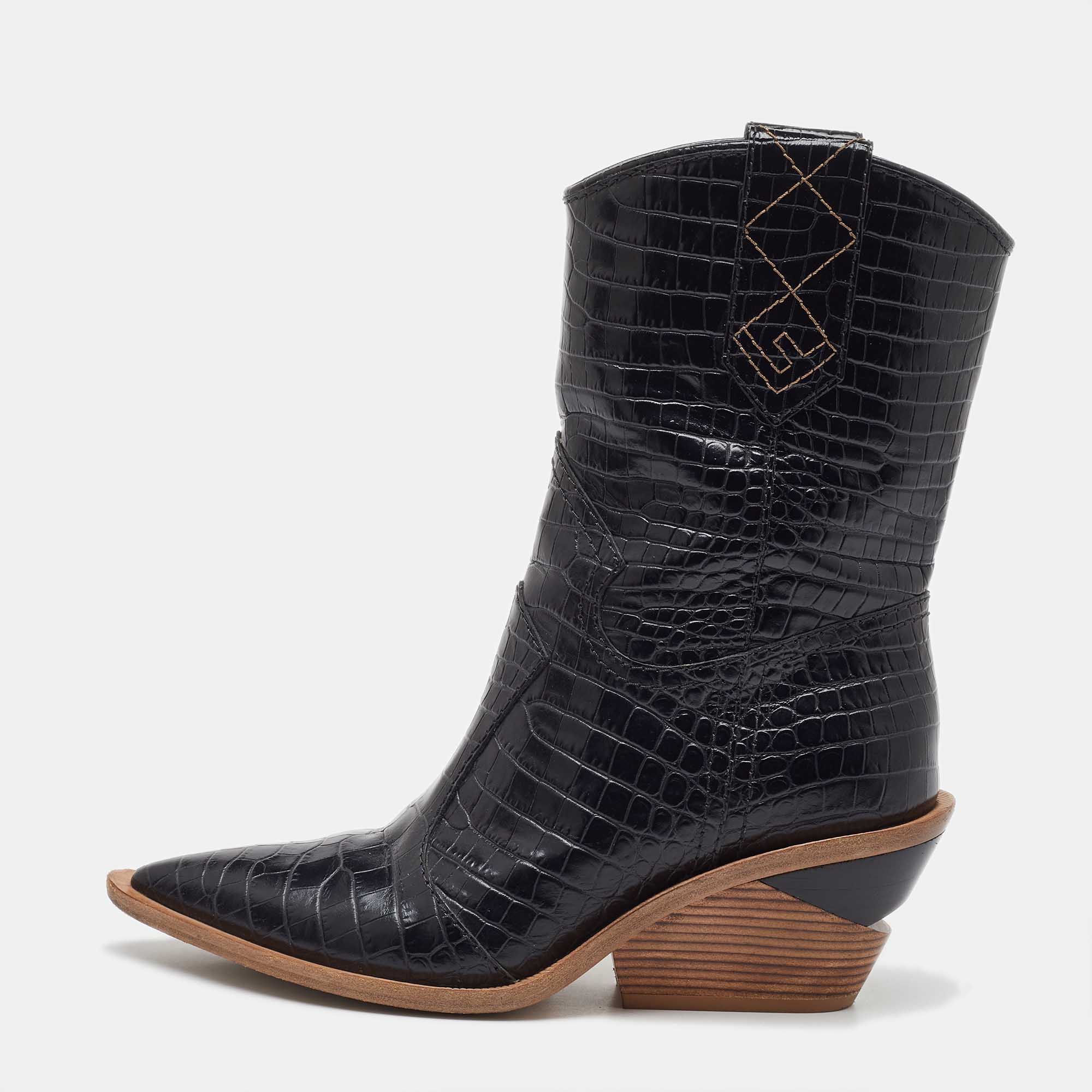 Pre Owned Fendi Black Croc Embossed Leather Mid Calf Cowboy Boots Size 36.5