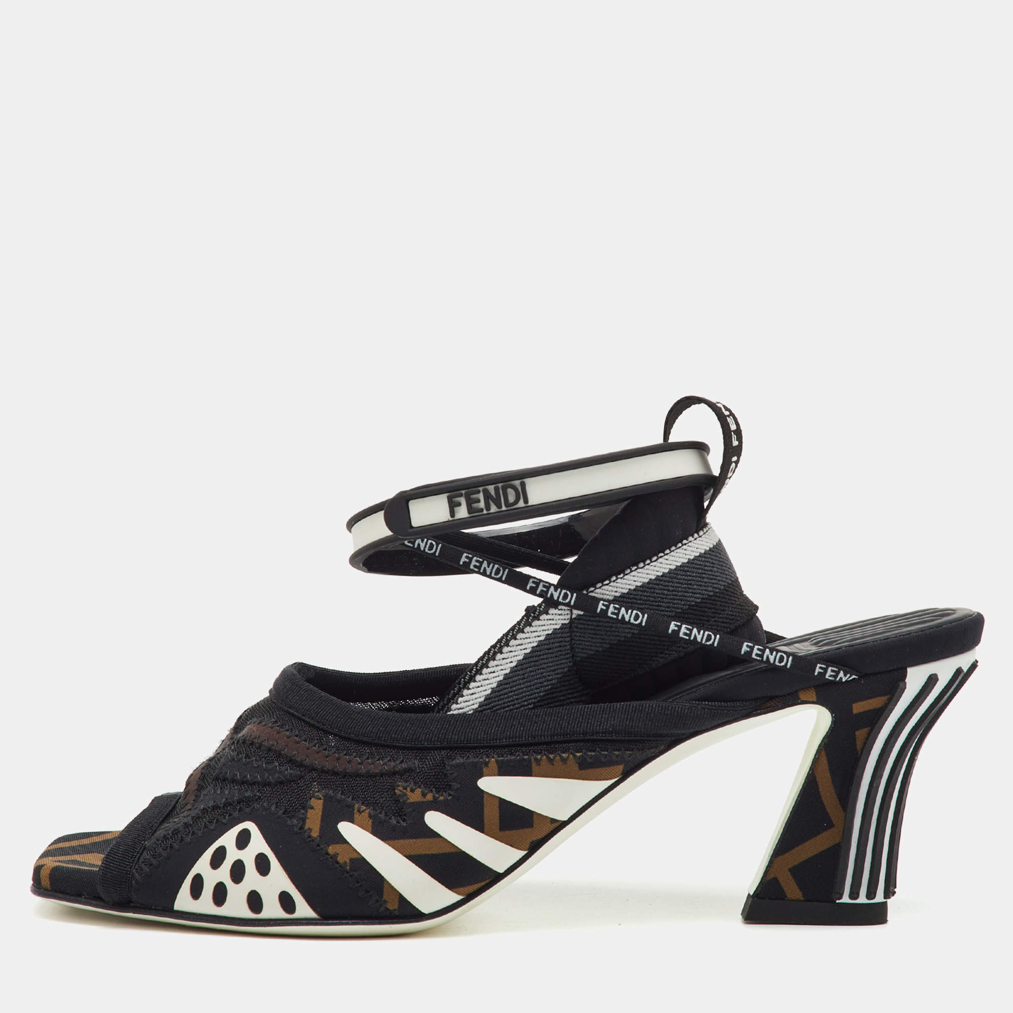 Pre Owned Fendi Black/Brown FF Neoprene and Mesh Freedom Patchwork Slingback Sandals Size 36