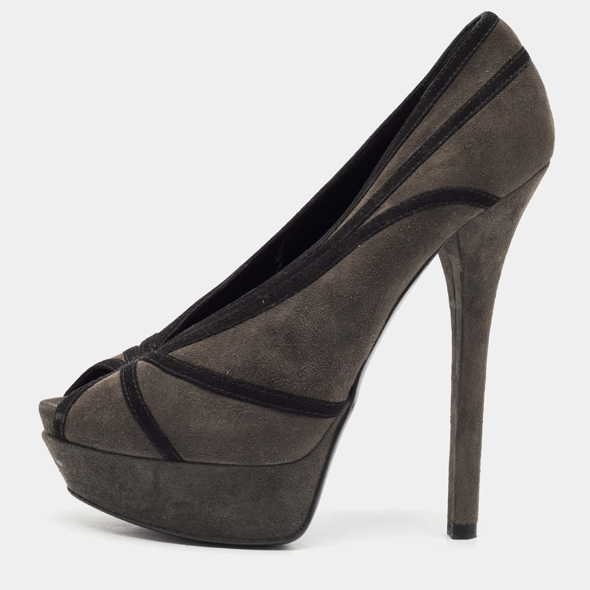 Pre Owned Fendi Dark Grey Suede Peep Toe Platform Pumps Size 39