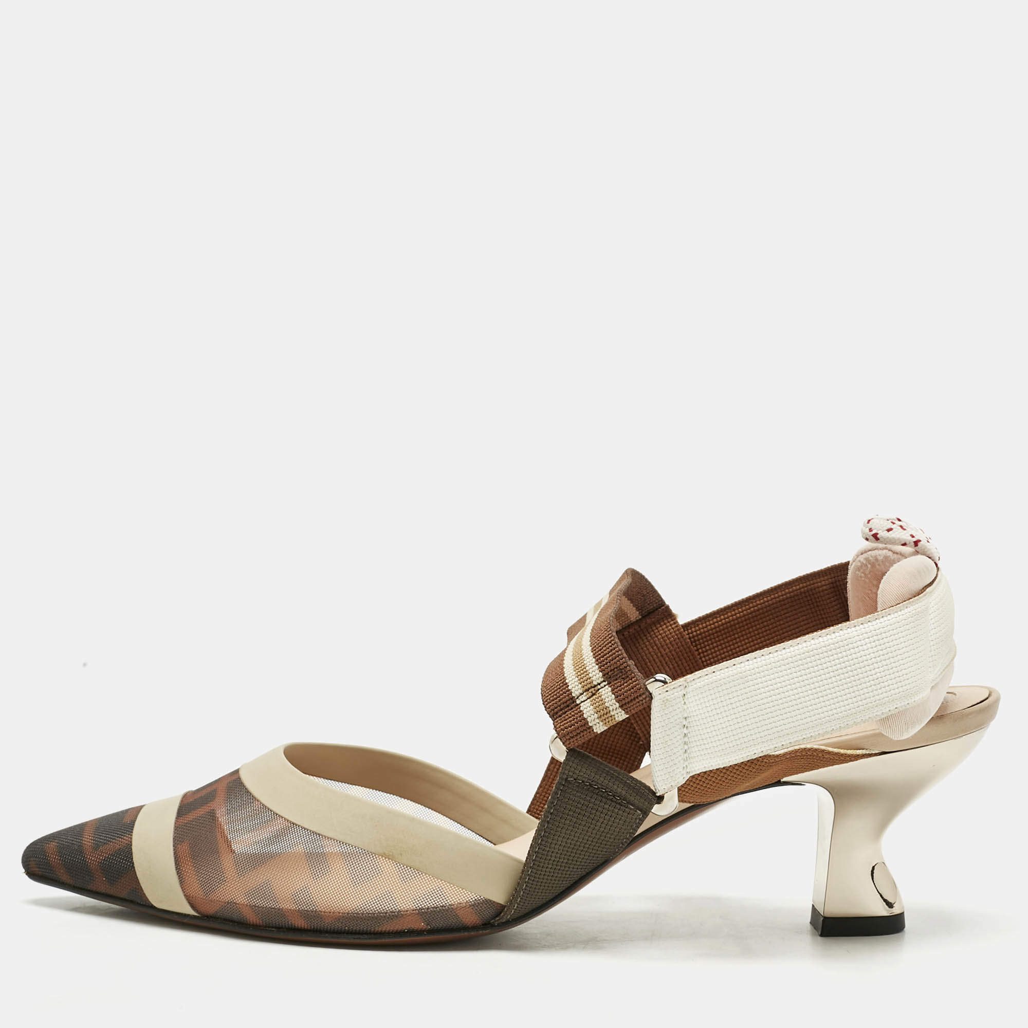 Pre Owned Fendi Multicolor Fabric and Leather Colibri Slingback Pumps Size 38.5