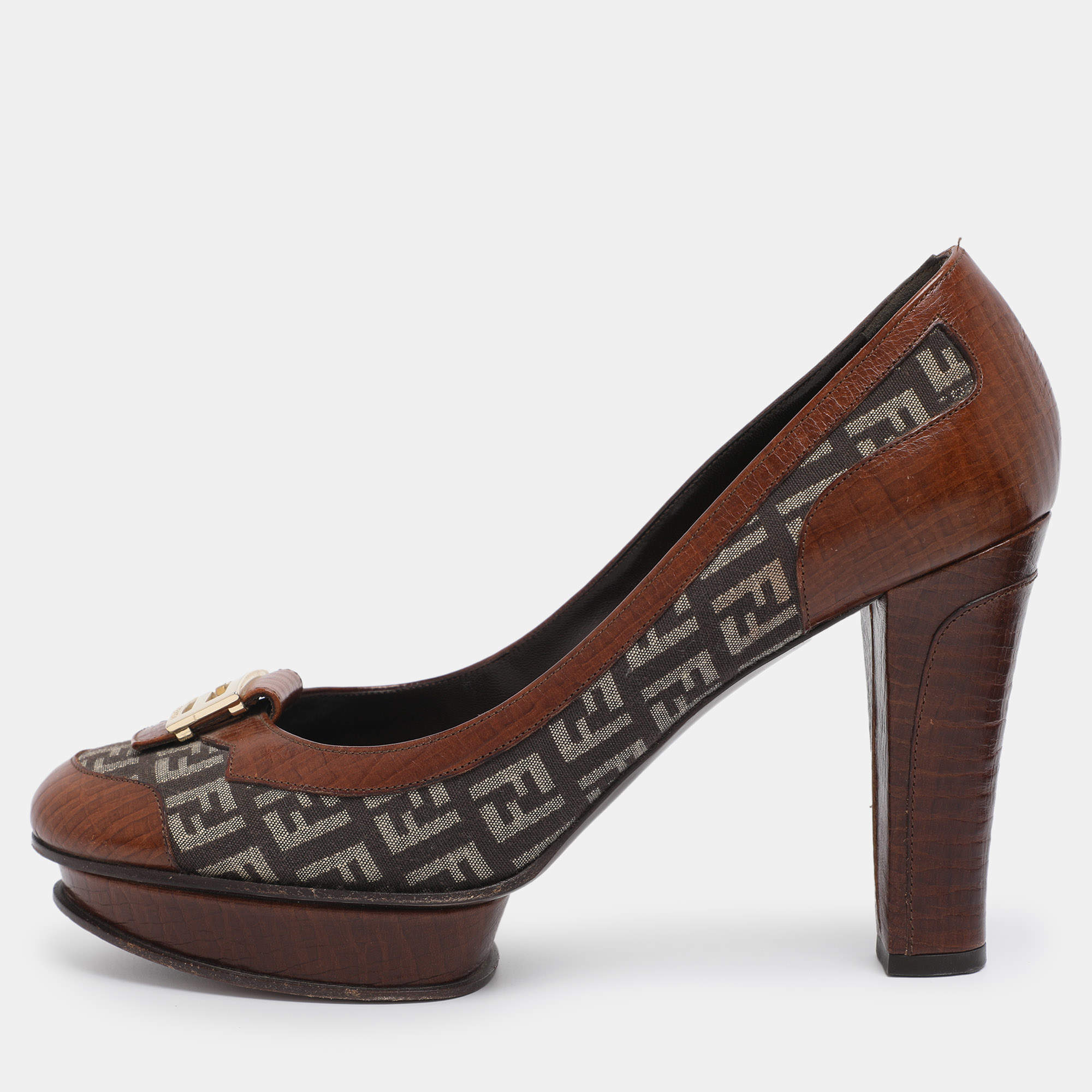 Pre Owned Fendi Brown Zucca Canvas and Leather Platform Pumps Size 40